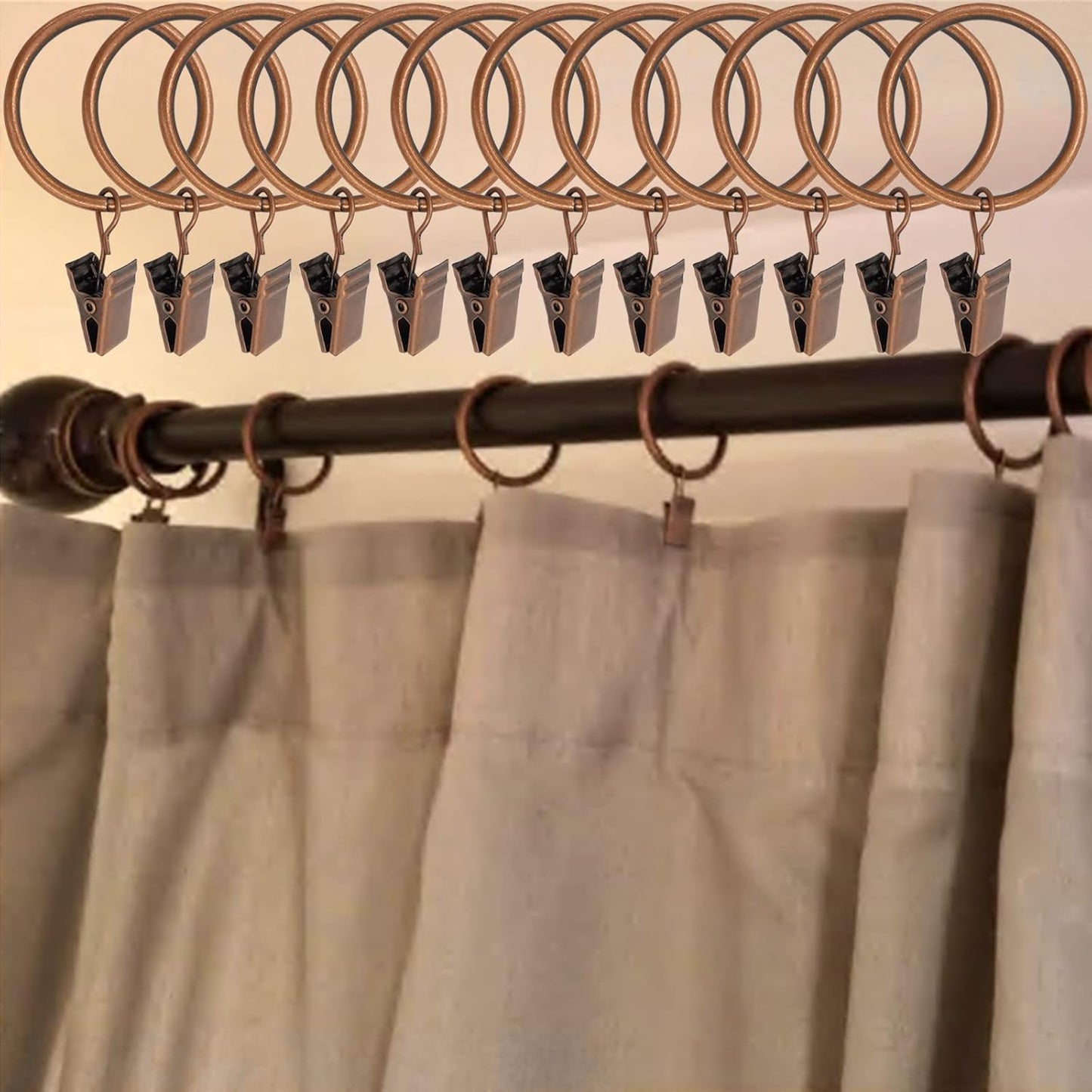 100 Pack Antique Copper Curtain Rings with Clips, Curtain Hooks Hangers Clip Rings for Hanging Drapes Bows Hat, Drapery Rings 1.5 in I D, Fits up to 1.2 in Diameter Curtain Rod.