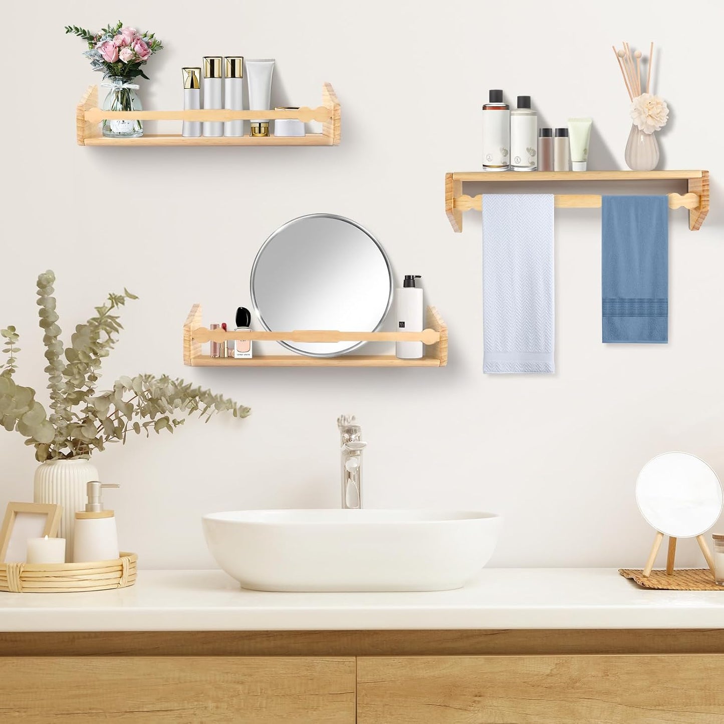 comfoyar Nursery Book Shelves Set of 3, 15.7 Inch Solid Pine Floating Shelves for Wall, Hanging Bookshelf for Kids Boys Girls Baby, Decoration for Bedroom Kitchen Bathroom Playroom, Natural