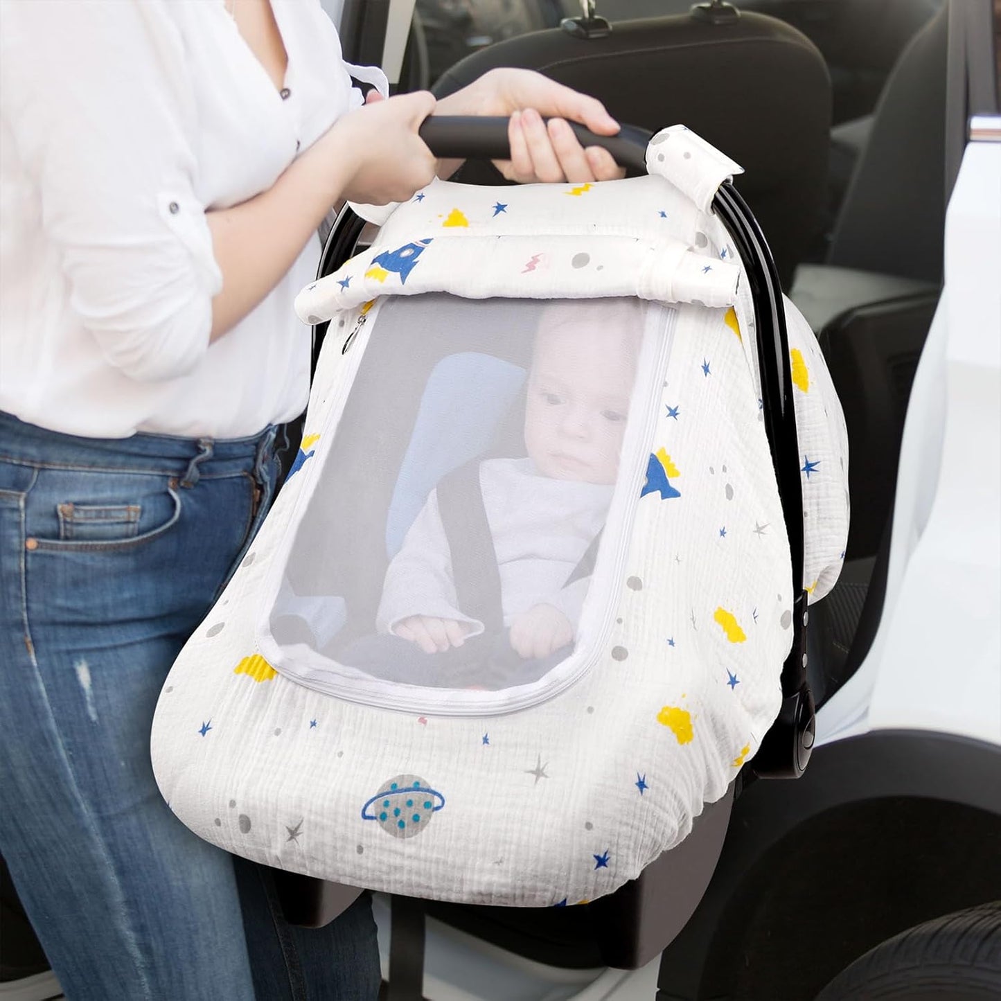Hooyax Muslin Car Seat Cover Baby, Summer Car Seat Covers for Babies, Infants, and Newborns, Ultra Soft Breathable Universal Fit Stroller Carseat Canopy Covers for Boys Girls (Planet)