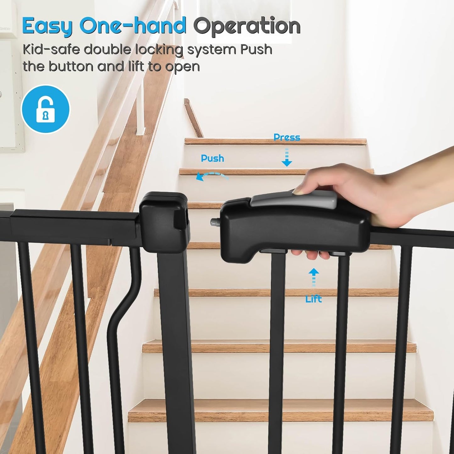 Extra Wide Baby Gate for Stairs Doorways with door, 30" Tall 66.5-75.8" Wide Easy Install Dog Gate indoor, Safety Metal Pressure Mounted Pet Gate with Walk-Thru Auto Close for the House, Black