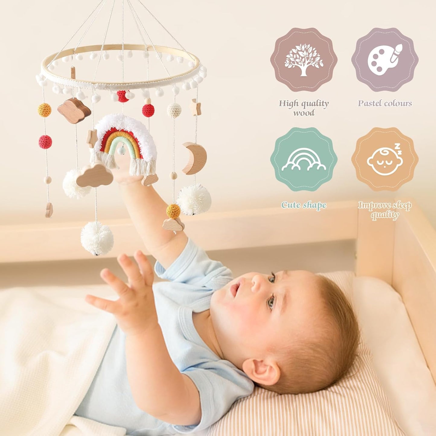 Baby Crib Mobile for Boys Girls Rainbow Nursery Mobile Gender Neutral Hand-Crocheted Mobile Ceiling Mobile - Rainbow, Clouds, Moon