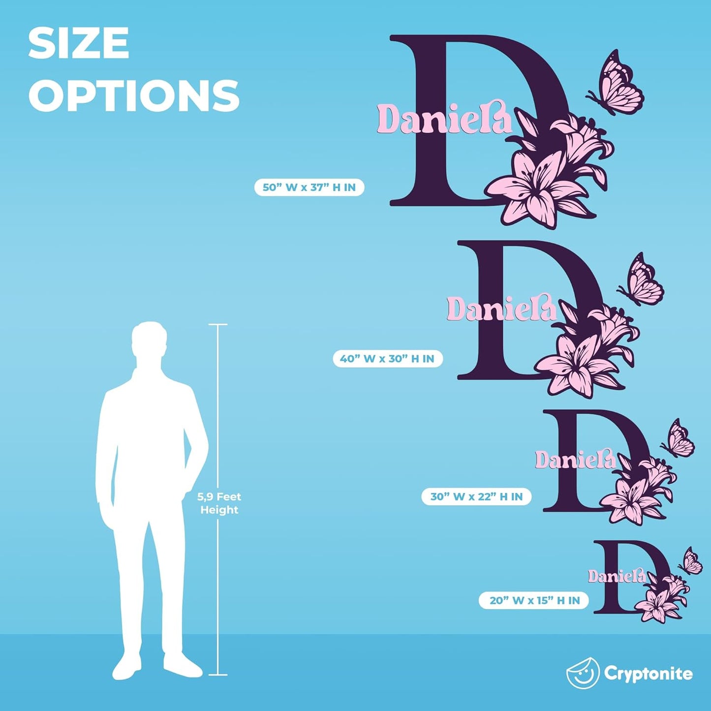 CRYPTONITE Custom Name & Initial with Lily and Butterfly I Flower Wall Decals for Bedroom Decor | Custom Decal for Girl Bedroom Decor I Pink Room Decor for Little Girl Room Decor (B. Flower)