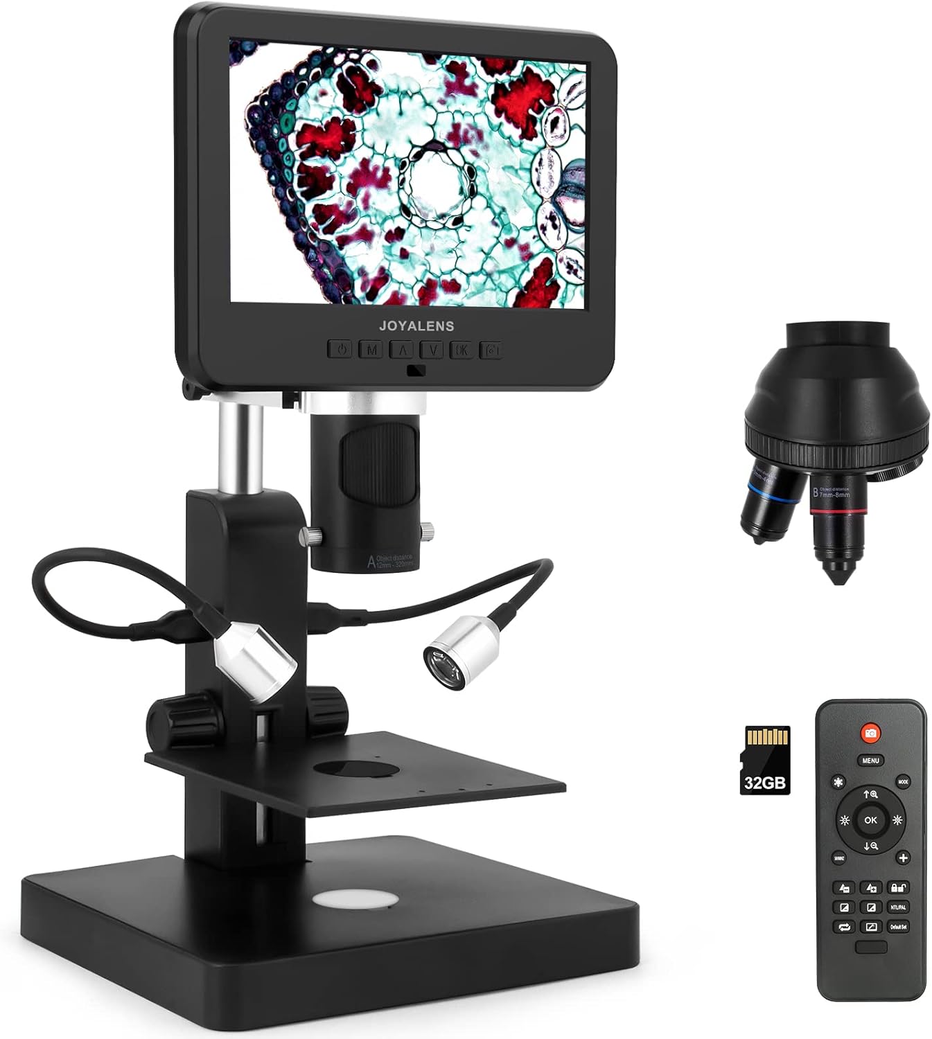 JL246P 3 Lens 7'' LCD Digital Microscope 1000X, Biological Microscope with Prepared Slides for Adults and Kids,12MP for Coin Microscope Full Coin View, 32G Card, Multiple Lights