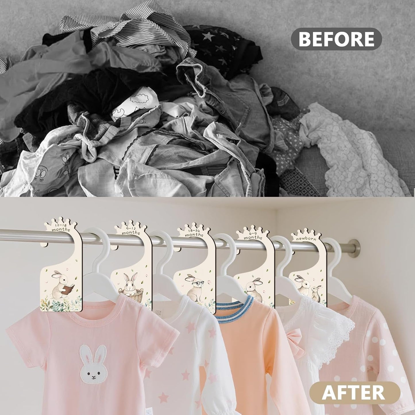 Baby Clothes Dividers for Closet - Set of 8 Wooden Baby Size Closet Dividers Newborn to 24 Months, Rabbits Babies Clothes Organizer for Boys Girl Nursery Decor Gender-Neutral Newborn Hangers Dividers