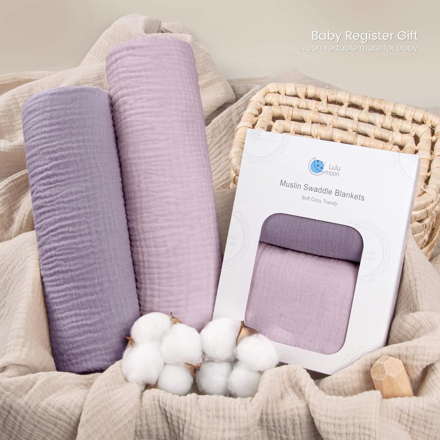 Lulu moon Muslin Swaddle Blanket Baby Receiving Blankets Neutral, 2 Pack, Purple