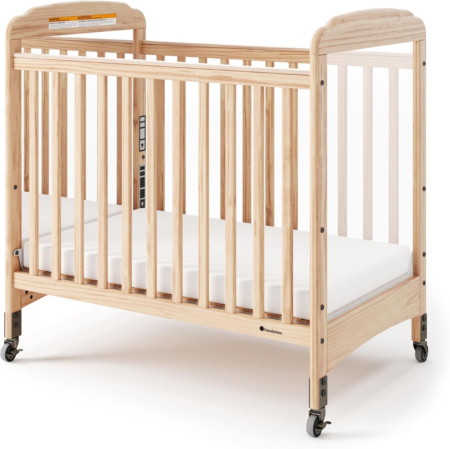 Foundations Serenity Compact Daycare Crib, Fixed Side, Features Mirrorview End Panels and Slatted Side Panels, Durable Wood Construction, Includes 3” InfaPure Foam Mattress (Natural)