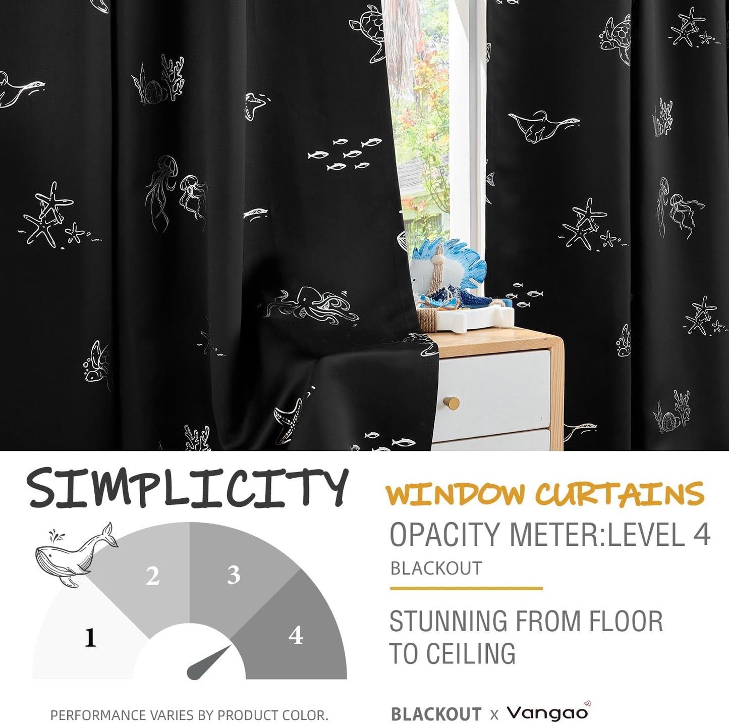 Vangao Kids Curtains for Boys Bedroom Kids Blackout Curtains 63 Inch Length Ocean Aquarium Nursery Drapes for Girls Bedroom Silver Sea Animals Print Thermal Insulated Drapes, Black 2 Panels
