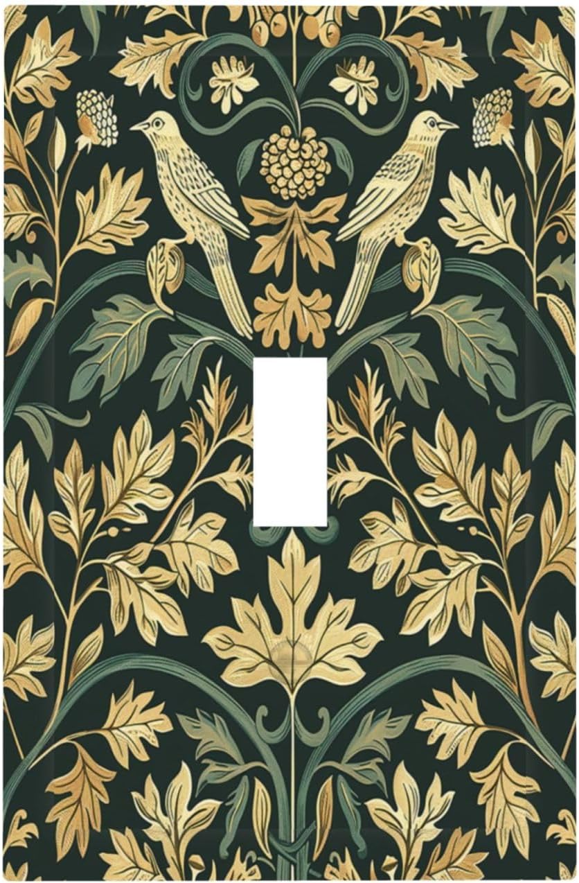 Decorative Light Switch Cover William Morris Vintage Botanical Birds Golden Green Leaves 1 Gang Single Toggle Device Electrical Faceplate Switchplates Decorator Outlet Wall Plate for Bedroom
