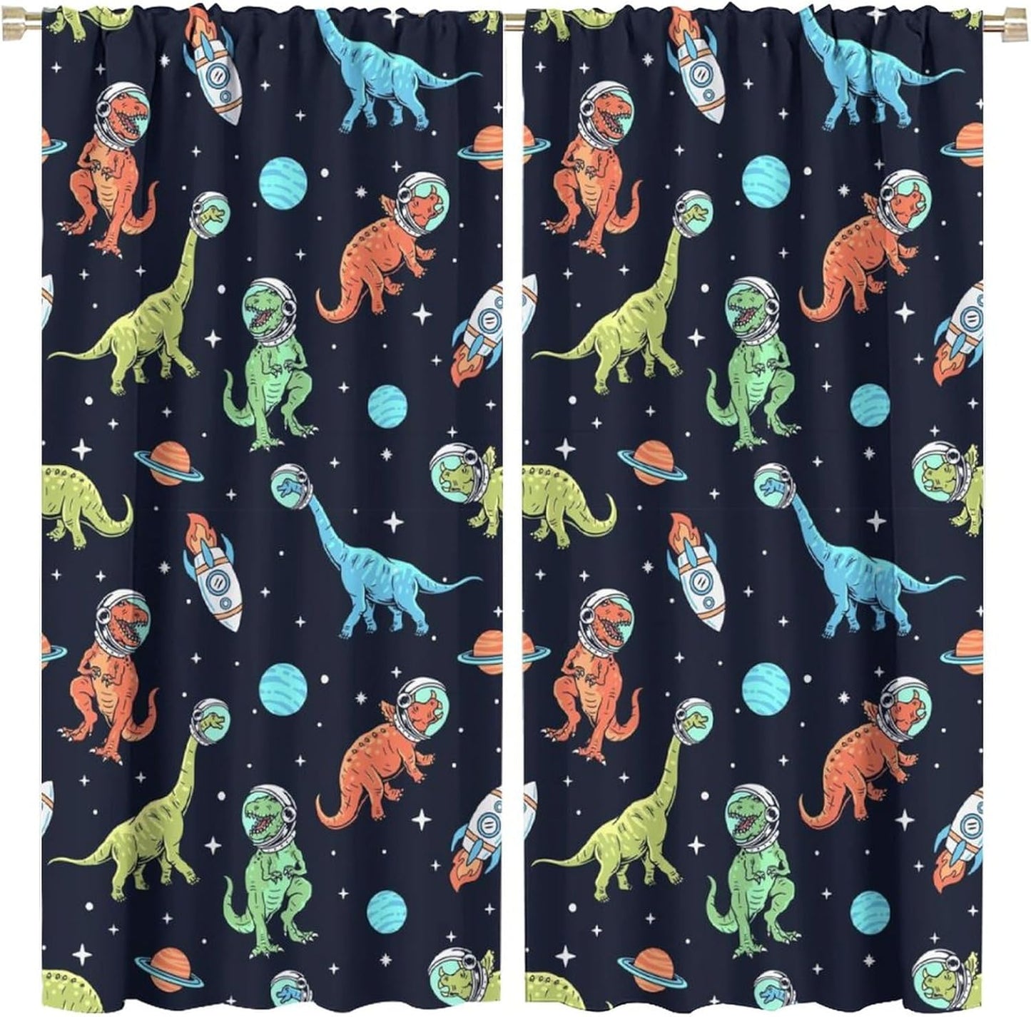 Cartoon Dinosaur Curtains for Kids Boys Girls Home Decor, Astronaut Rocket Funny Outer Space Blackout Rod Pocket Window Drapes for Bedroom Living Room W31.5xL63in 2 Panels