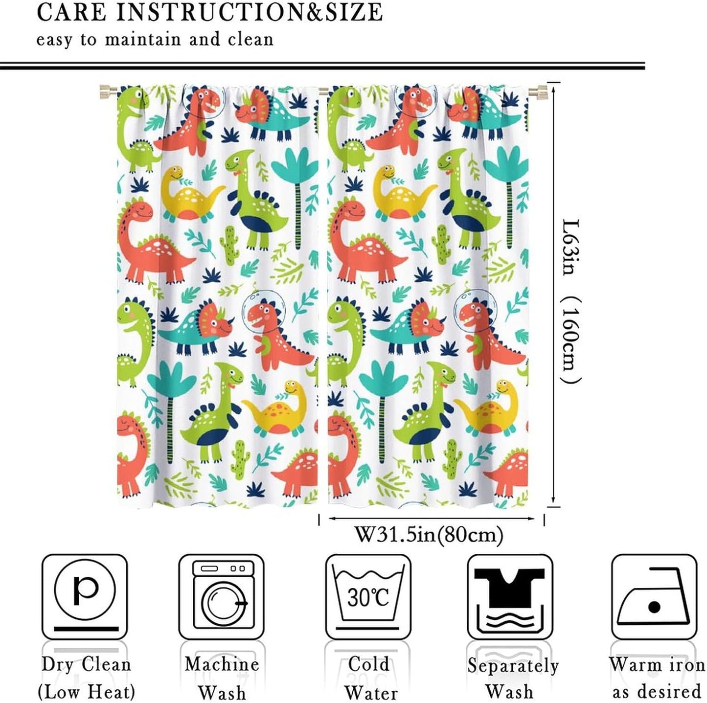 Rustic Dinosaurs Curtains Colorful Dino Kids Boys Cartoon Cute Cool Funny Decor Printed Blackout Rod Pocket Window Drapes for Living Room Bedroom W31.5xL63in 2 Panels