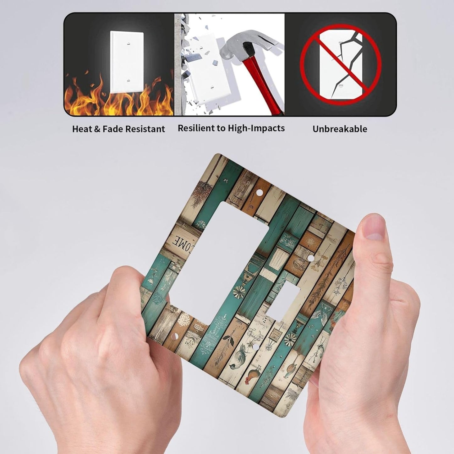 Outlet Covers Vintage Wood Brown Turquoise Splicing 1 Toggle 1 Rocker Combination Decorative Wall Plate Electrical Switch Plates Light Switch Cover Plate For Farmhouse Cabin Decor