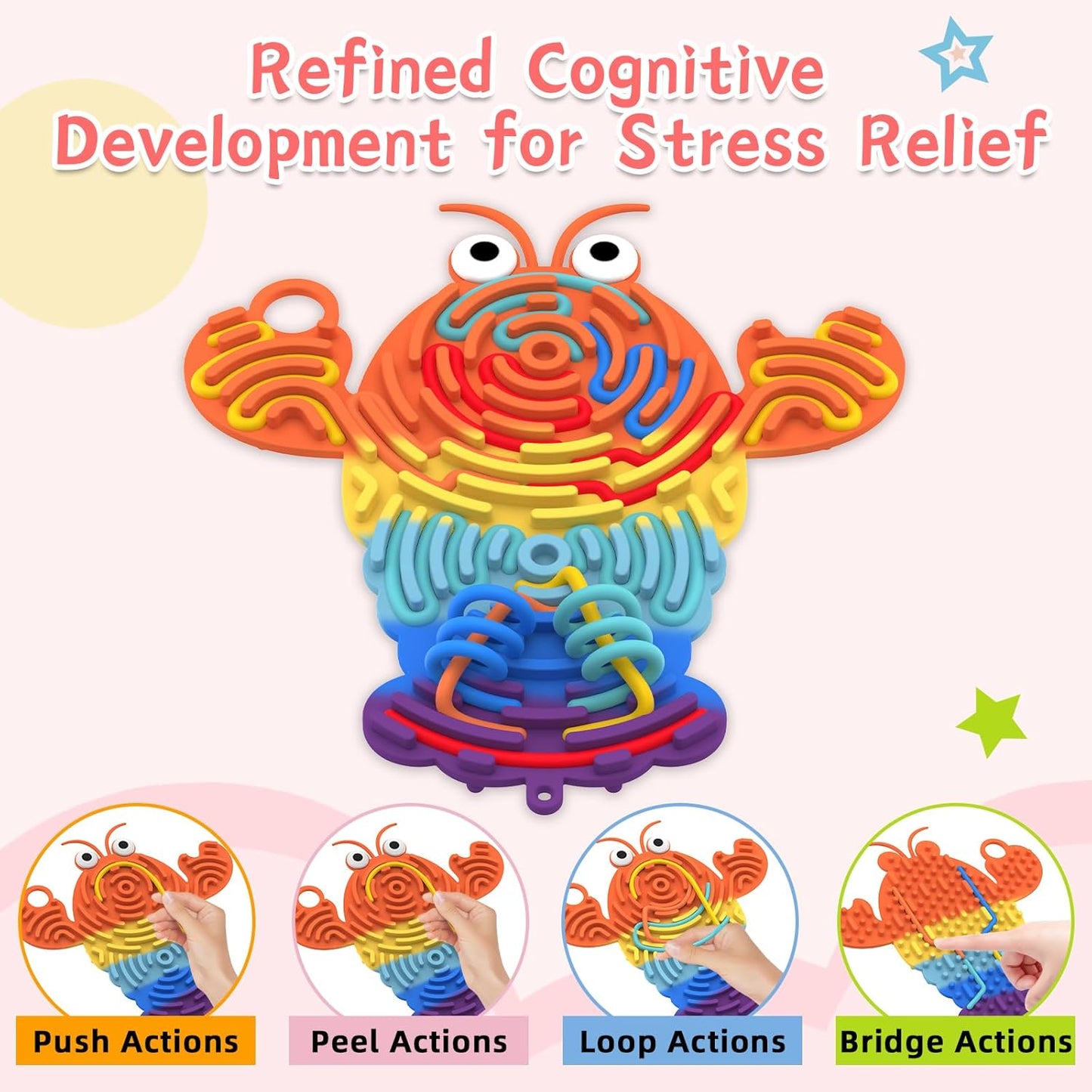 Silicone Sensory Activity Board,2 in 1 Busy Board for Fine Motor Skill, Montessori Fidget Toy for Calming, Stress, Anxiety, ADHD, Autism, Silent, No Mess, Kids 3+ & Adults (Colorful, Lobster)