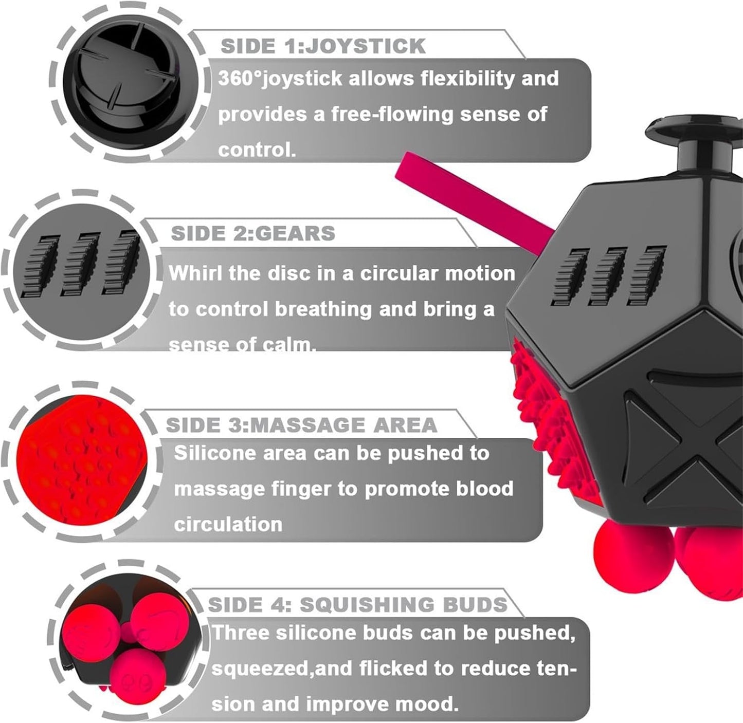 Fidget Toys Cube Relieve Stress Anti Anxious Depression 12-Sided Cube for Children and Adults with ADHD ADD OCD Autism Creative Toy (Black Red-A4)