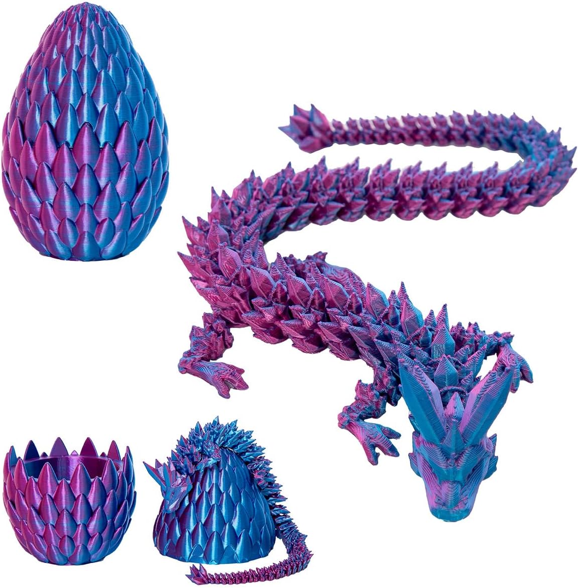 Dragon Eggs with Dragon Inside, 12In Laser Purple 3D Printed Dragon Egg Fidget Toy, Executive Desk Articulated Dragon Toy, Home Office Decor