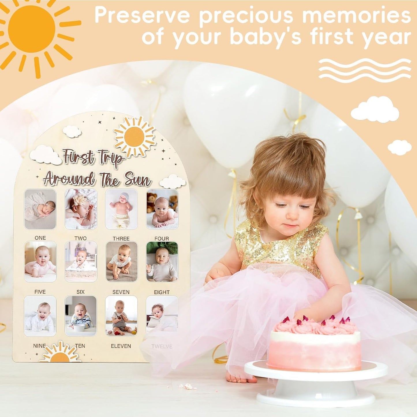 First Trip Around the Sun Photo Board Sunshine Birthday Party Wooden Board Decors 12 Monthly Milestone Picture Frame One Year Old Wood Sign 1st Birthday Photo Banner for Baby Keepsake Gift Supply