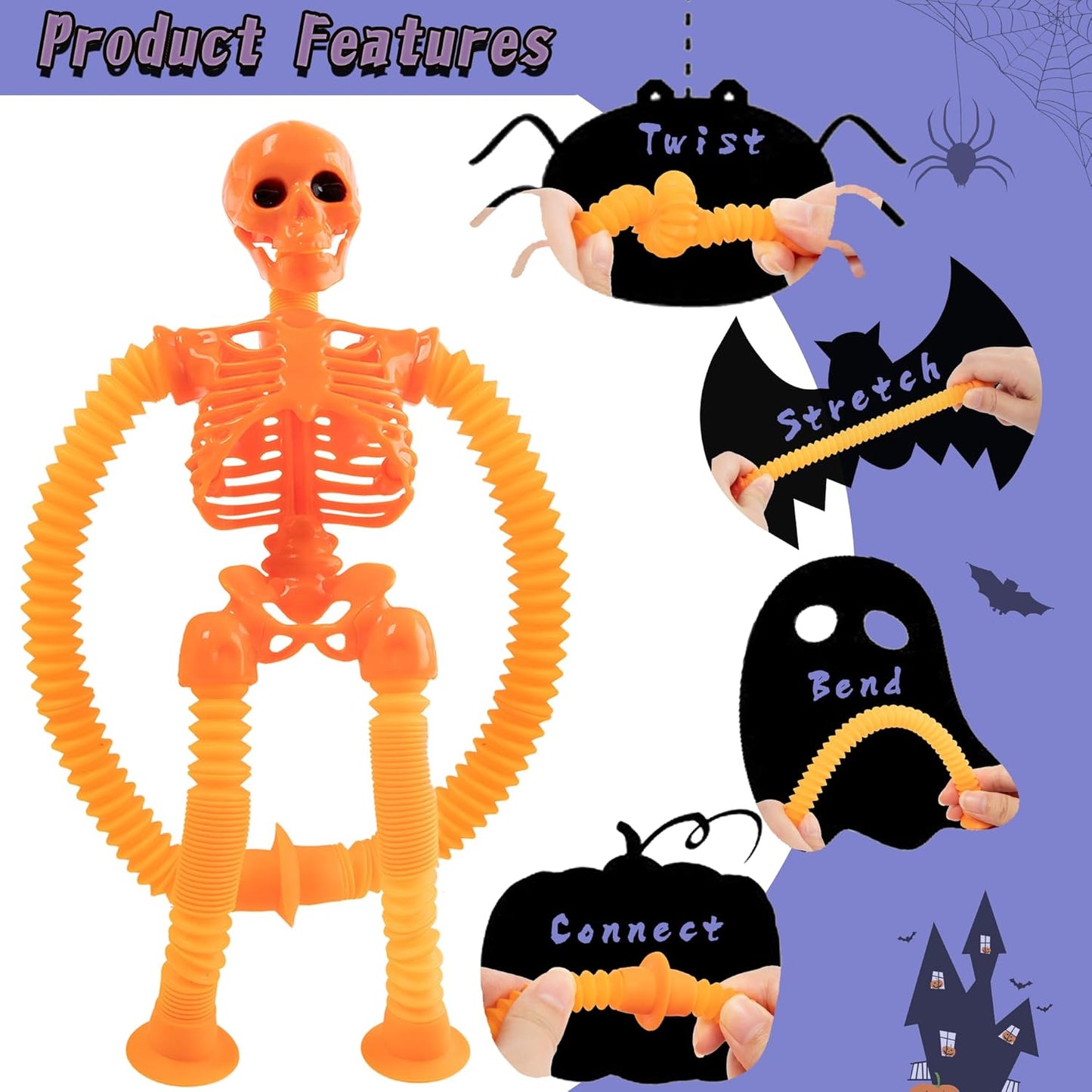 8PCS Telescopic Suction Cup Skeleton Toys, Shape Changing Telescopic Pop Tube Halloween Skeleton Fidget Toys, Skeleton Action Figure for Halloween Party Favors Kids Toddler Gift