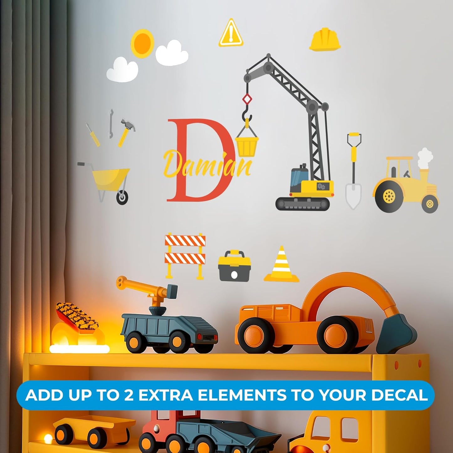 CRYPTONITE Custom Toddler Construction Crane Wall Decal I Personalized Name & Initial I Nursery Decor I Polyvinyl Chloride Sticker - Made in USA (Medium, Multicolor Options)