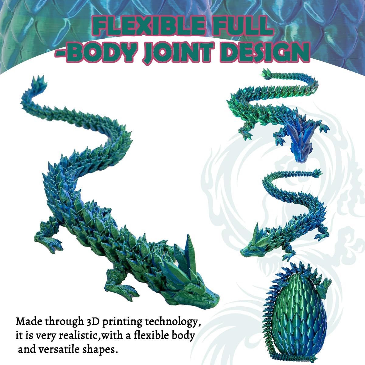 Dragon Eggs with Dragon Inside, 12In Laser Blue Green 3D Printed Dragon Egg Fidget Toy, Executive Desk Articulated Dragon Toy, Home Office Decor