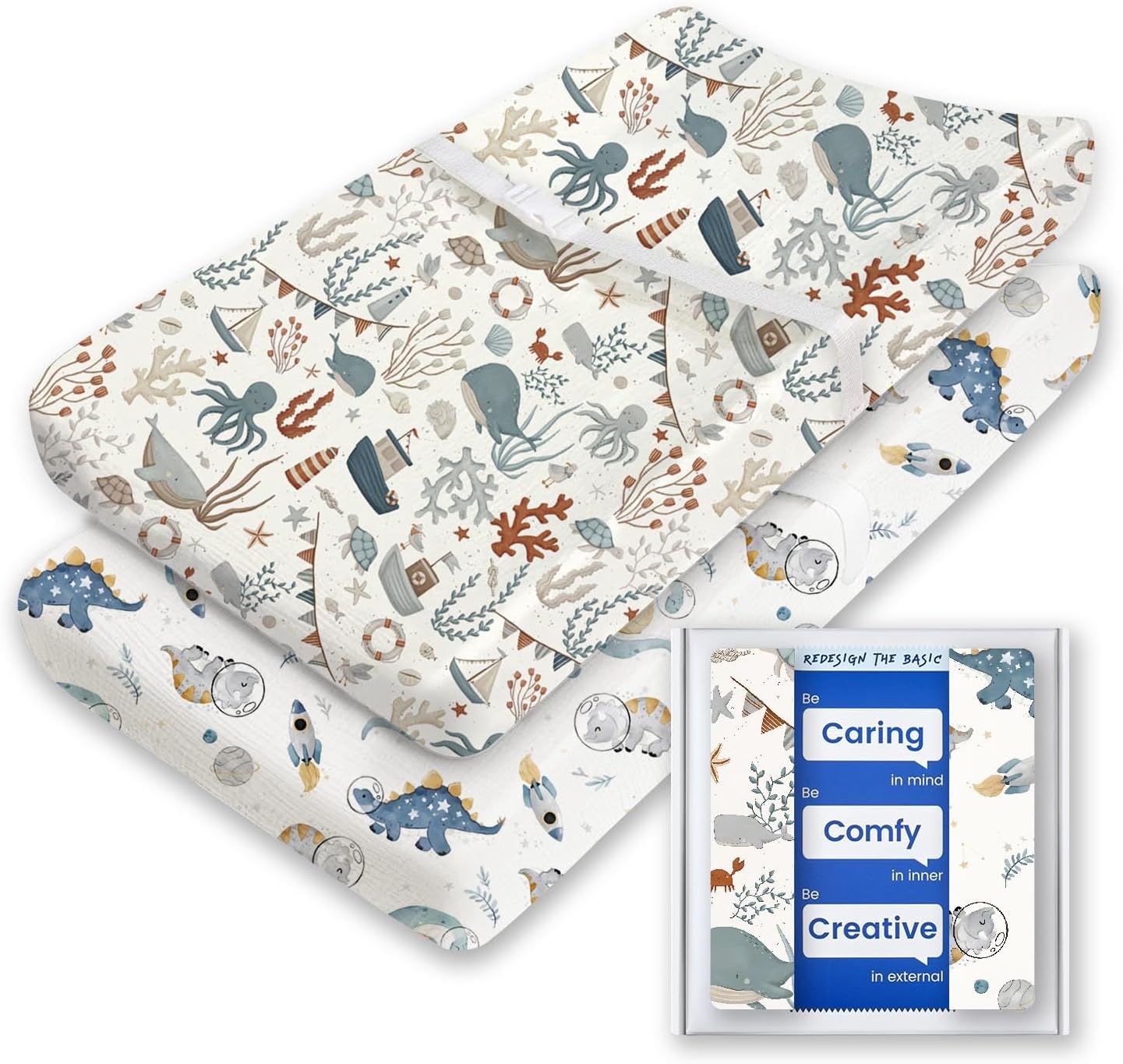 Extra Stretchy Changing Pad Cover, TotBasic Ultra Soft Premium Jersey Knit Changing Pad Sheets, Unisex for Boys Girls, Fits All Standard Changing Tables/Dresser Tops - 2 Pack (Dino + Whale)