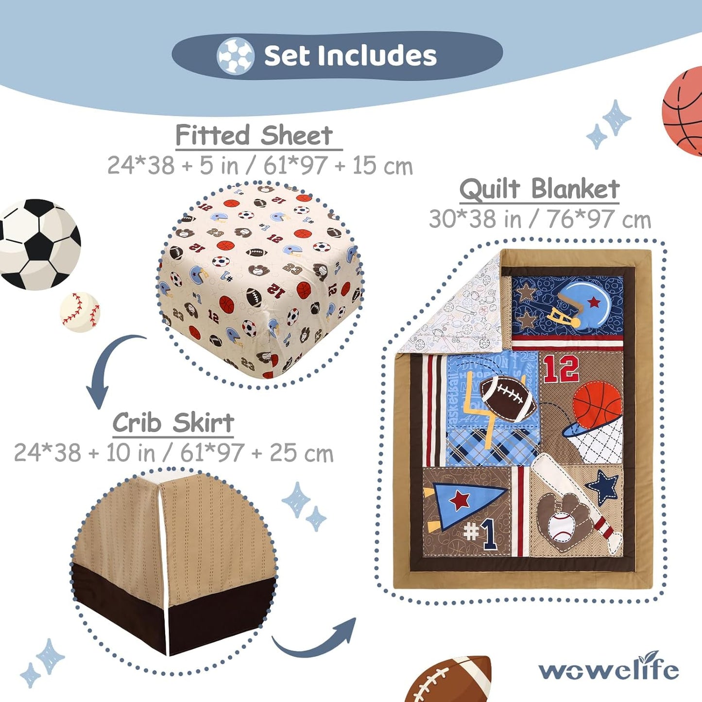 Wowelife Sports Mini Crib Bedding Set Boys Brown 3PCs Mini Crib Comforter Set Basketball Baseball Rugby Nursery Bedding Sets for Boys with Soft Comforter, Crib Skirt and 38x24 Sheet, Brown