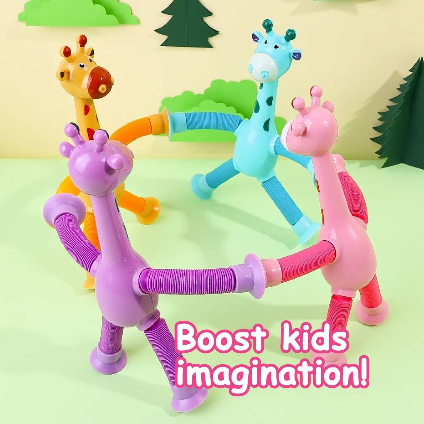 Telescopic Suction Cup Giraffe Toy, 4 Packs Pop Tubes Giraffe Fidget Toys Animal Autism Sensory Toy for Toddlers Travel Essential Educational Classroom Treasure Box Stretchy Robots Party Favors
