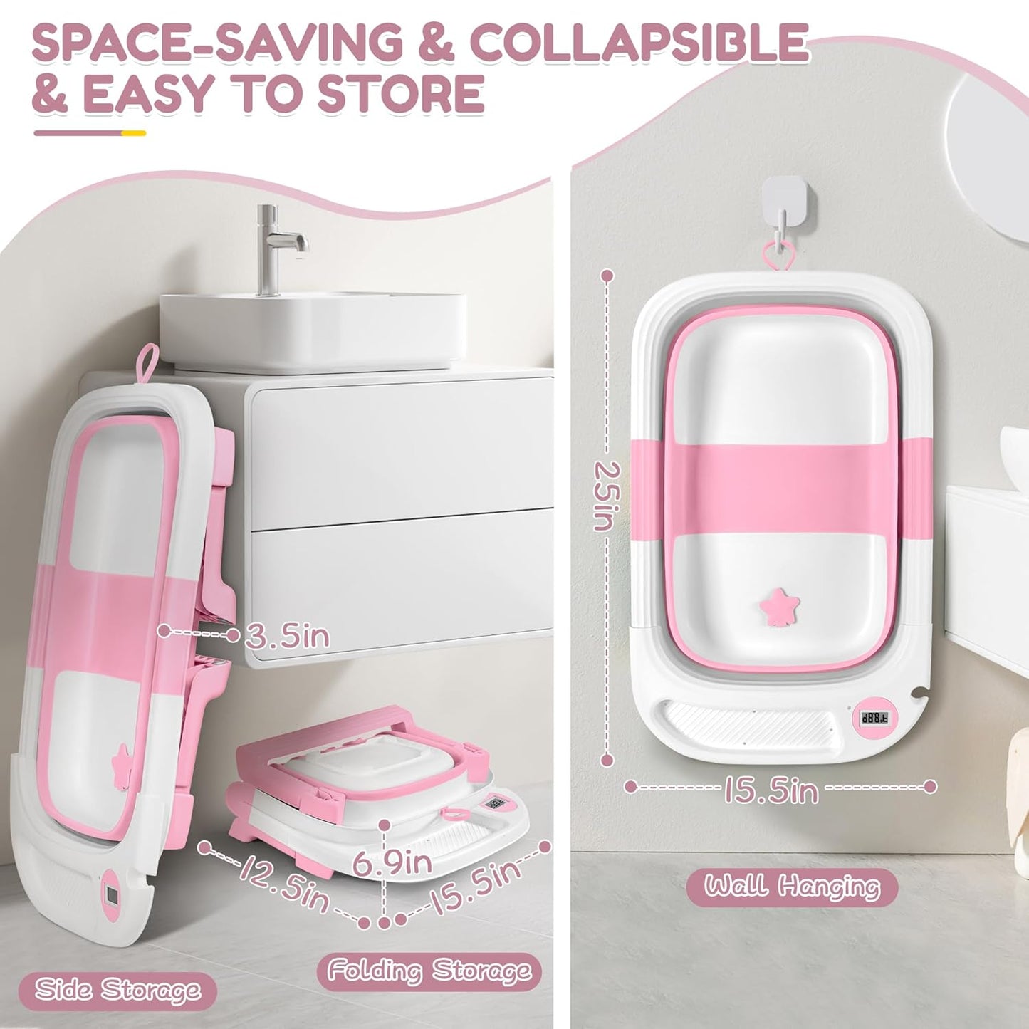 Collapsible Baby Bathtub,Baby Bath Tub with Thermometer & Soft Cushion,Baby Bathtub for Newborn to Toddler 0-36 Months,Portable Travel Baby Tub with No-Slip Feet,Baby Shower Gifts,Pink