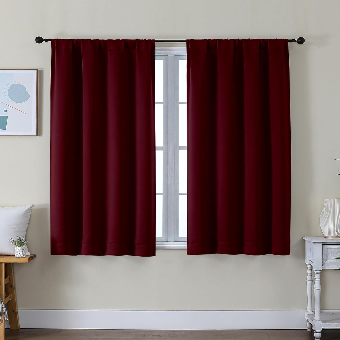Simplebrand Ava Burgundy Short Blackout Curtains for Bedroom 45 Inches Long 2 Panels Set, Solid Thermal Insulated, Energy Saving Window Treatment Curtains Blackout Drapes, W40 x L45 Inch, Burgundy