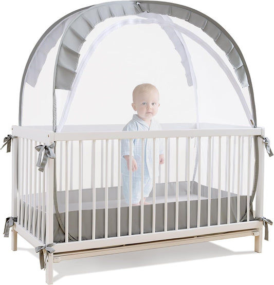 Lazyzzzz Baby Crib Tent - Pop Up Crib Canopy with Double Zipper Self-Locked,1200 Holes/Inch Mesh Crib Net to Keep Baby from Climbing Out, Portable Easy Install 55" L x 27" W x 51" H Grey