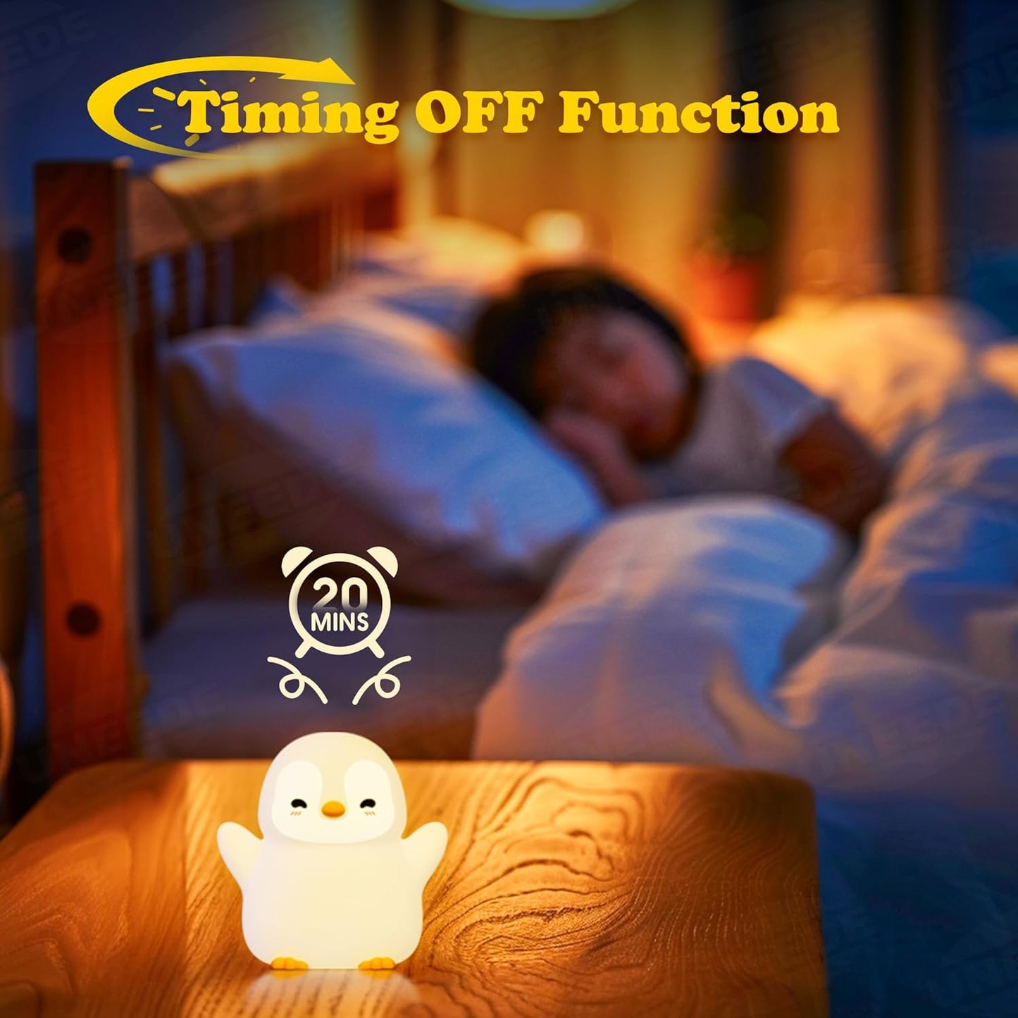 UNEEDE Standing Penguin Night Light with Detachable Bunny Hat - Rechargeable Silicone Touch Lamp, 2-Level Dimmable, 20-Min Timer, Nursery Decor for Kids & Holiday Gifts