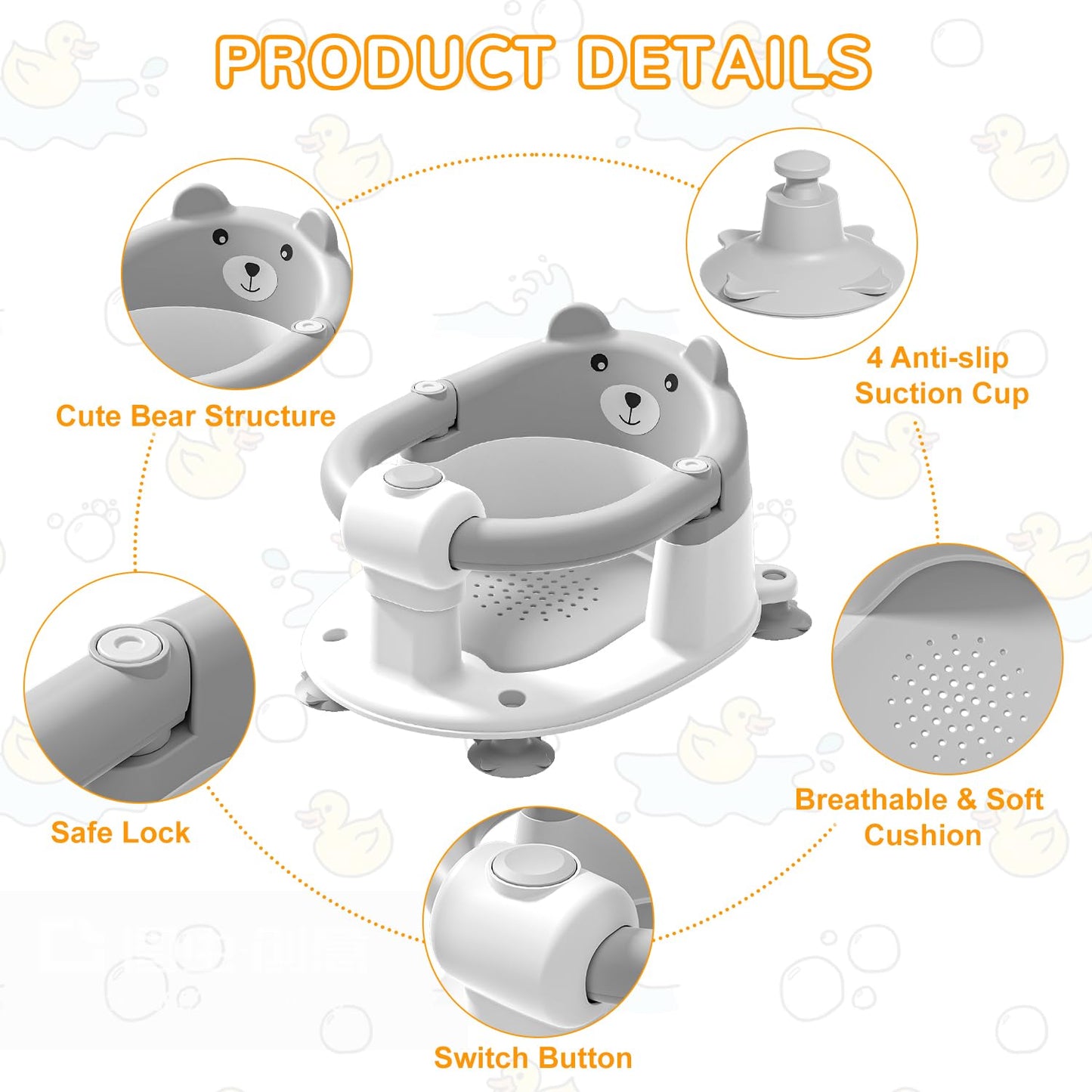 Baby Bath Seat for Babies 6 Months & up, Non-Slip Toddler Bath Seats for Babies Sitting Up, Safe Infant & Newborn Bathtub Chair with 4 Suction Cups & Soft Cushion for Shower,Gray