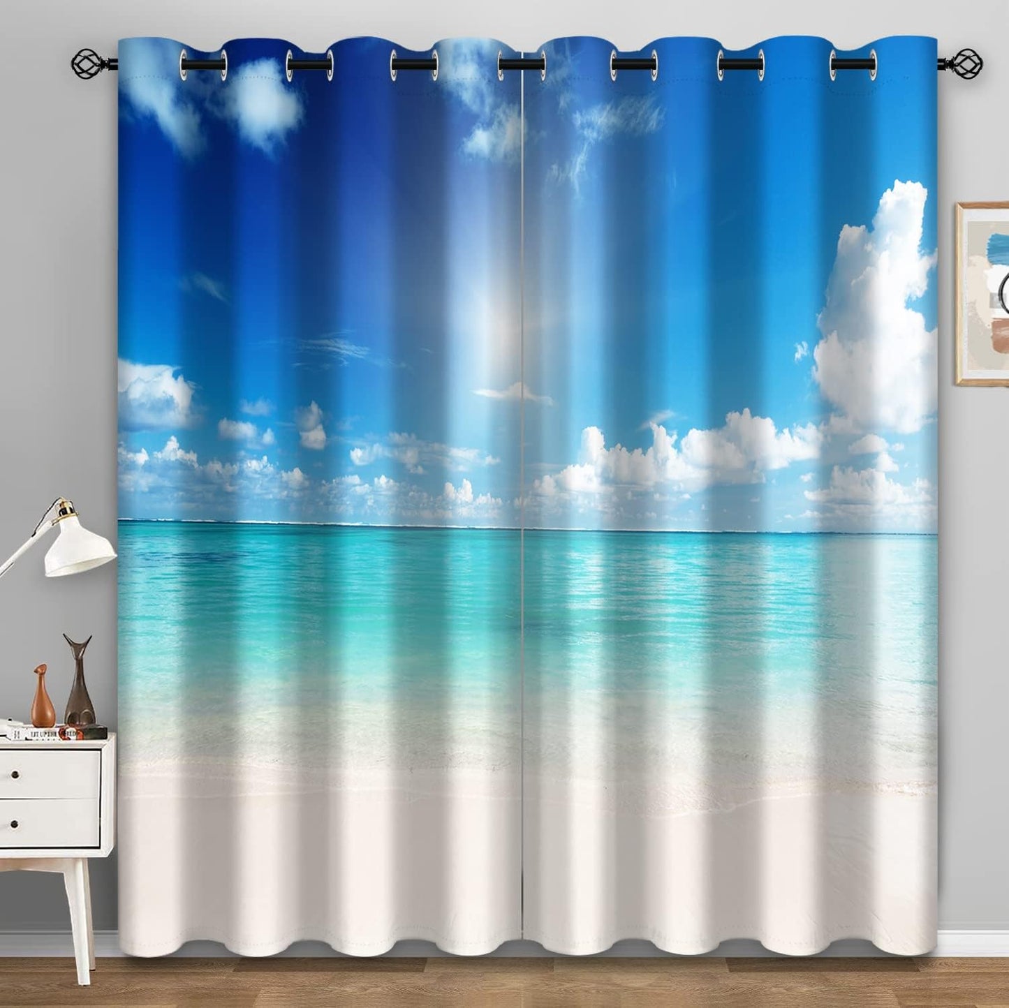 Aimego Ocean Beach Blackout Curtains Tropical Seaside Theme Blue Sea Sky Window Drapes Decor for Bedroom Living Room Grommet Top Room Darkening Curtains 2 Panel Set, 52" X 63"