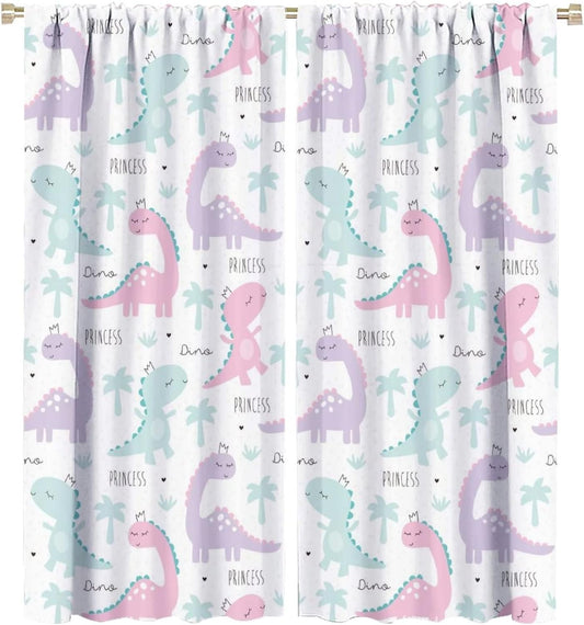 Kids Dinosaur Curtains for Boys Girls Bedroom Decor Cartoon Dino Colorful Cute Funny Animal Wildlife Printed Blackout Rod Pocket Window Drapes for Baby Nursery Playroom W27.5xL63in 2 Panels
