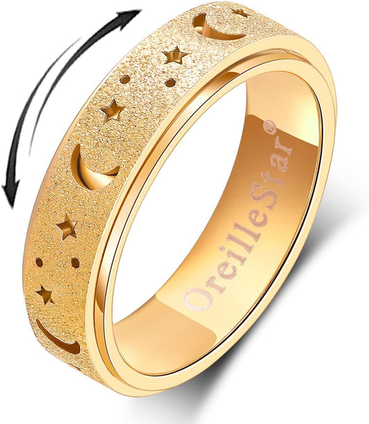 OreilleStar Anxiety Ring for Women Fidget Ring Spinner Rings Stainless Steel Moon Star Fidgit Ring for Women Gold Silver Rainbow Rose Gold Black Size 6