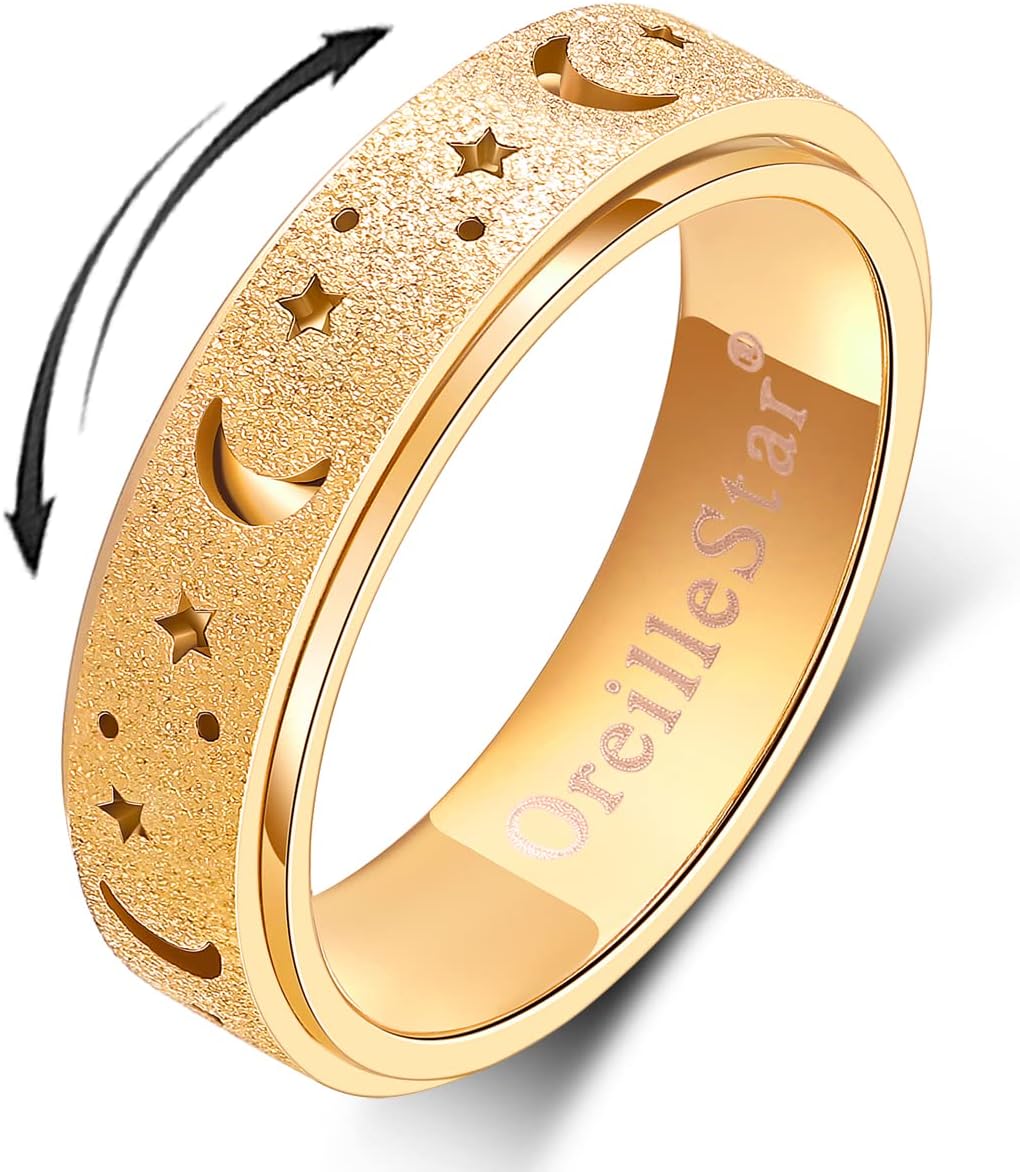 OreilleStar Anxiety Ring for Women Spinner Thumb Ring Stainless Steel Fidget Toys Adults Fidget Spinner Ring Moon Star Gold Size 10