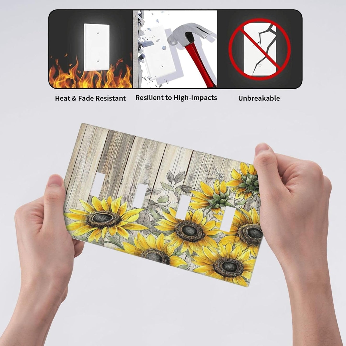 Light Switch Covers Floral Sunflower Rustic Flower Vintage Wood Quad Toggle Electrical Faceplate 4 Gang Wall Plate Decorative Switch Plates For Farmhouse Cabin Decor