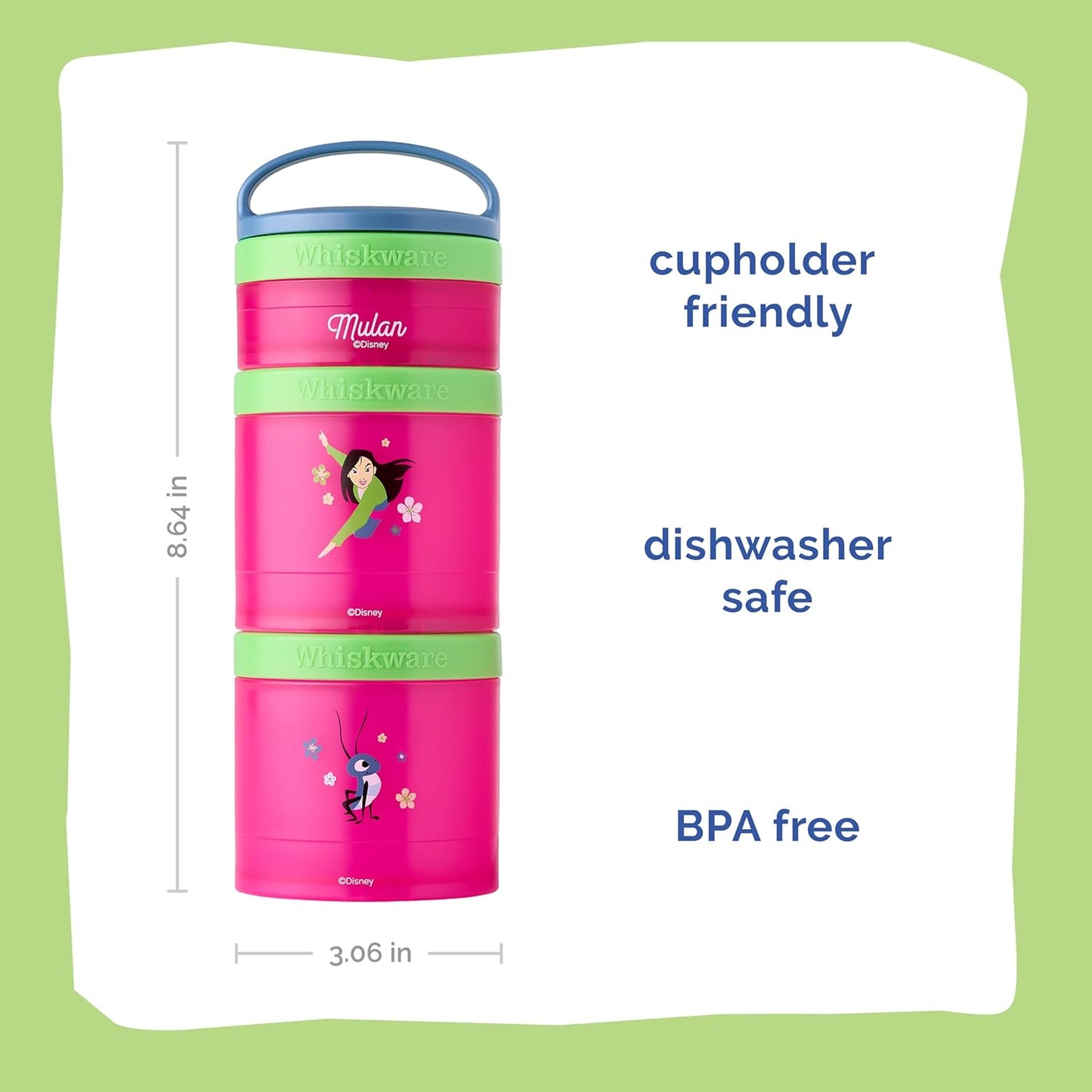 Whiskware Disney Princess Stackable Snack Containers for Kids, 3 Stackable Snack Cups for School and Travel, Mulan and Cri-Kee