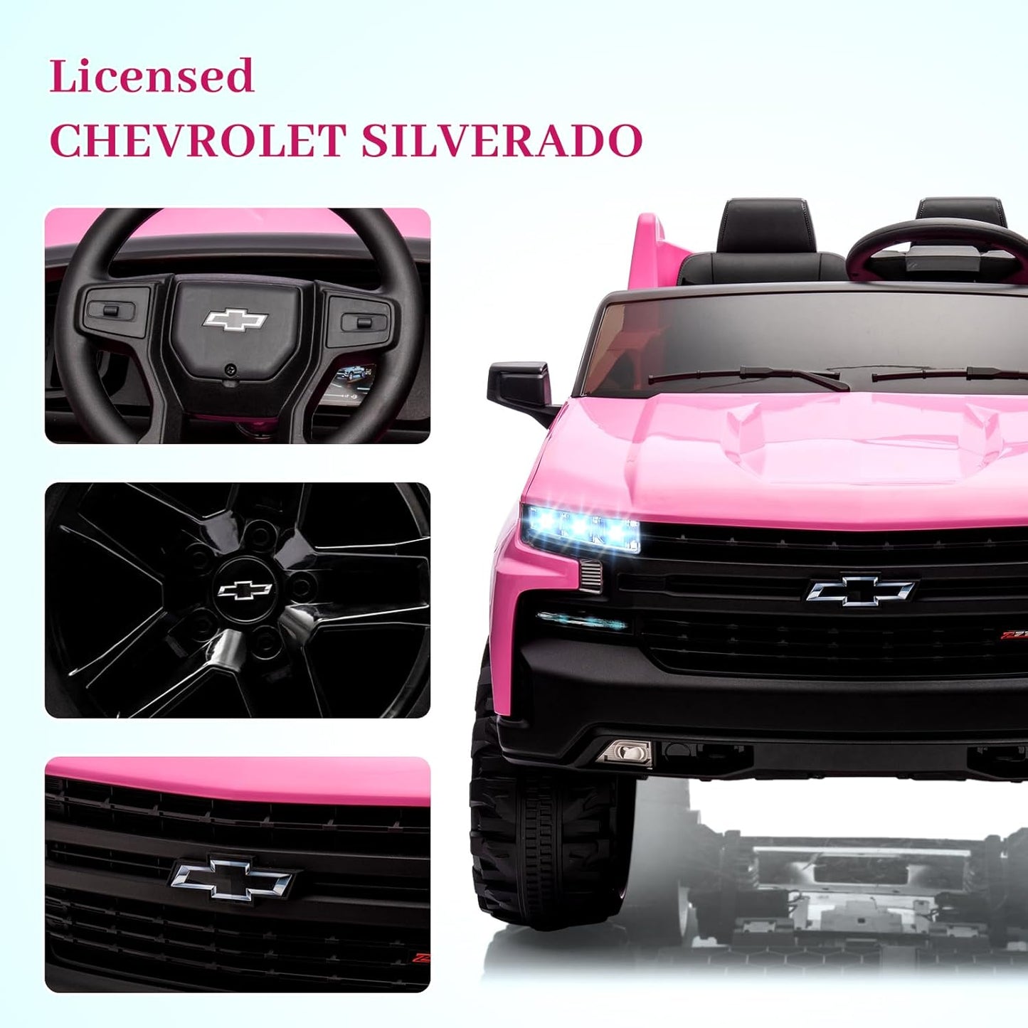Hetoy 24V 2-Seater Truck Licensed Chevrolet Silverado Ride On Car Toy w/Parent Remote Control,4xSpring Suspension, 3 Speeds, Wireless Music, MP3 Player, Electric Vehicle Car for Kids, Pink