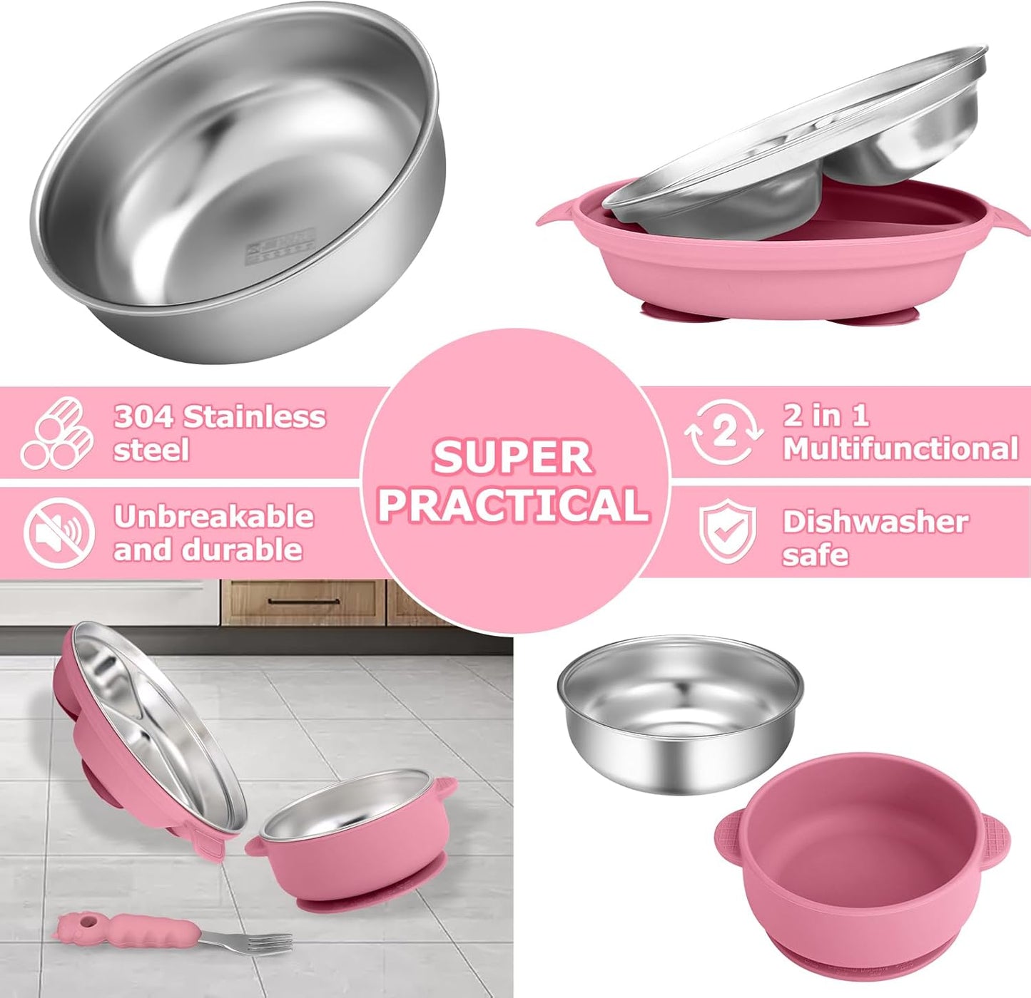 Stainless Steel Baby Plate and Bowl with Suction, Baby Bowl and Divided Kids Toddler Plate with Removable Silicone Shell, Non-Slip Toddler Baby Feeding Set, Forks + Spoons Included-Rose red