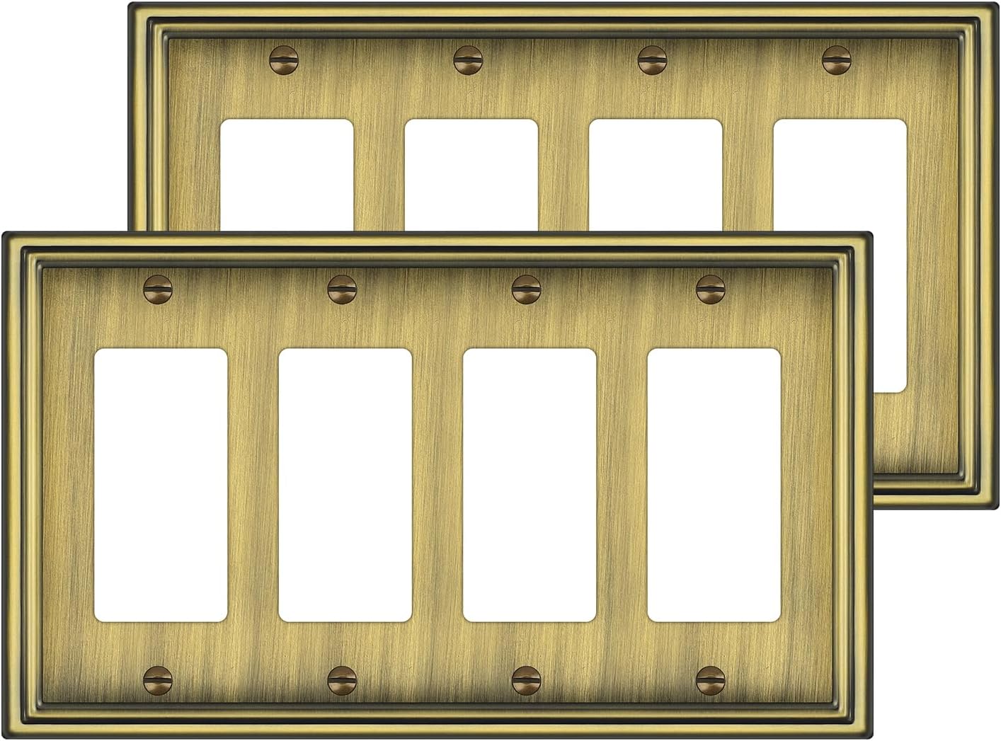 2 Pack Quad Decorator Switch Covers Wall Plate, Antique Brass Metal Material Rocker Switch Plates, 4 Gang Wall Plate for Receptacle, GFCI Outlet, Dimmer Switch - Classic Style