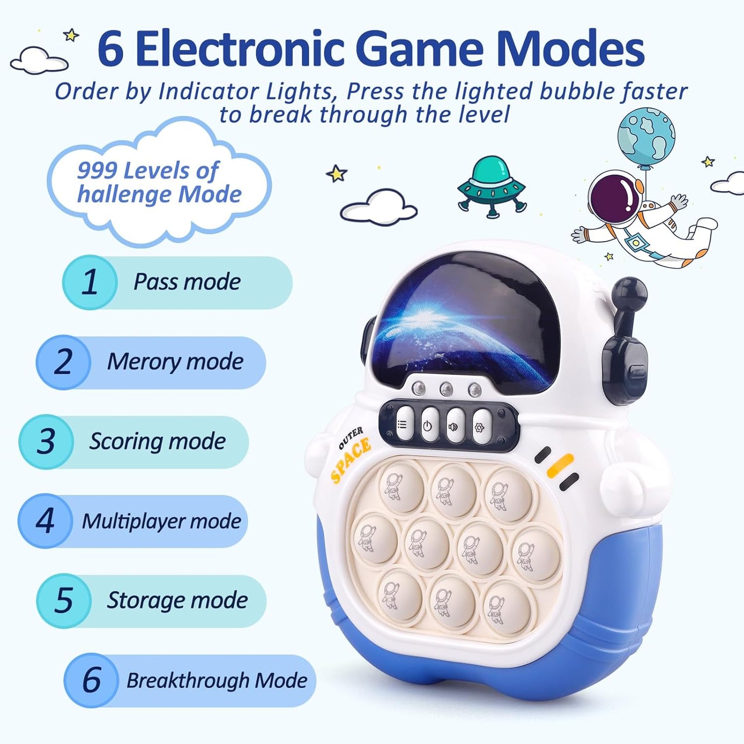 Quick Push Game Fidget Toys for Kids Adults, Handheld Puzzle Game Sensory Toys, Fast Push Bubble Game, Xmas Birthday Gifts for Boys Girls (Astronaut - Blue)