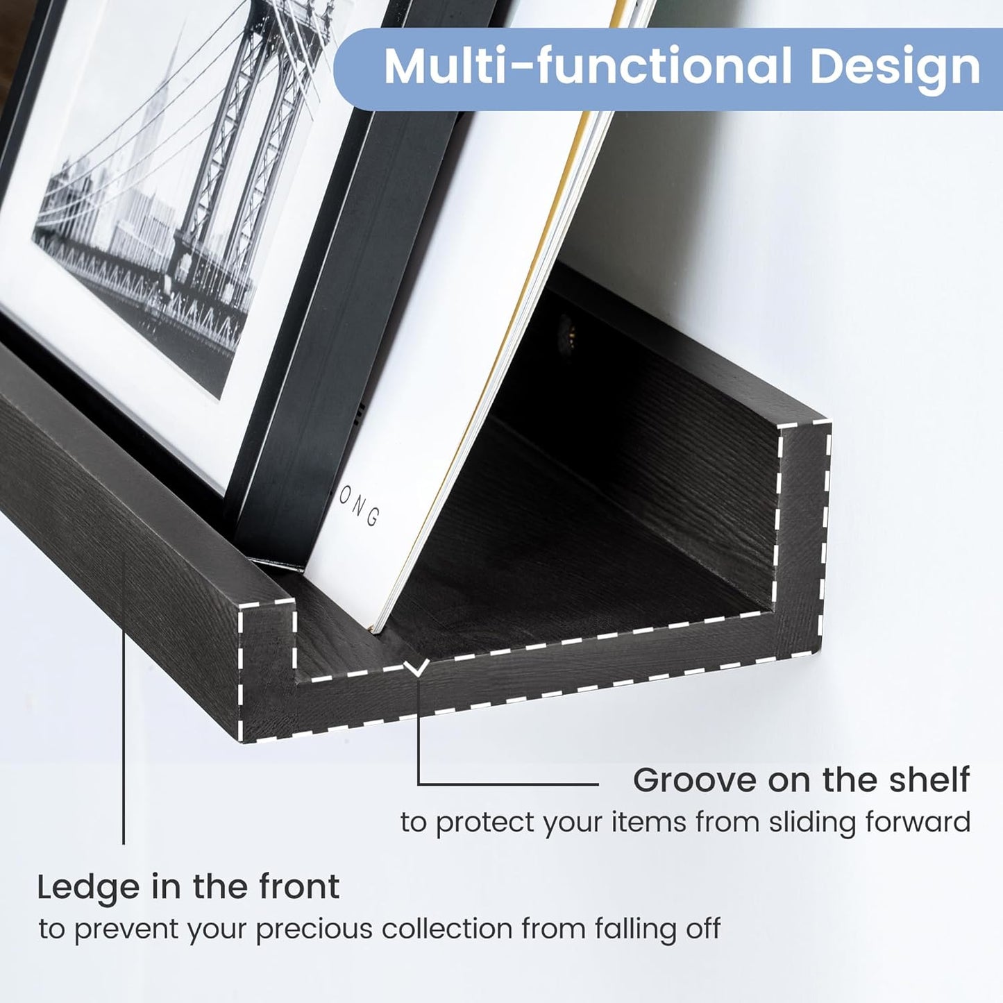 Picture Ledge Shelf for Wall, 48 inch Solid Pine Wood Nursery Book Shelves 2 Packs, Floating Ledge Shelves for Kids' Room Bedroom Bathroom Living Room Photo Frames Office Nursey Wall Decor, Black