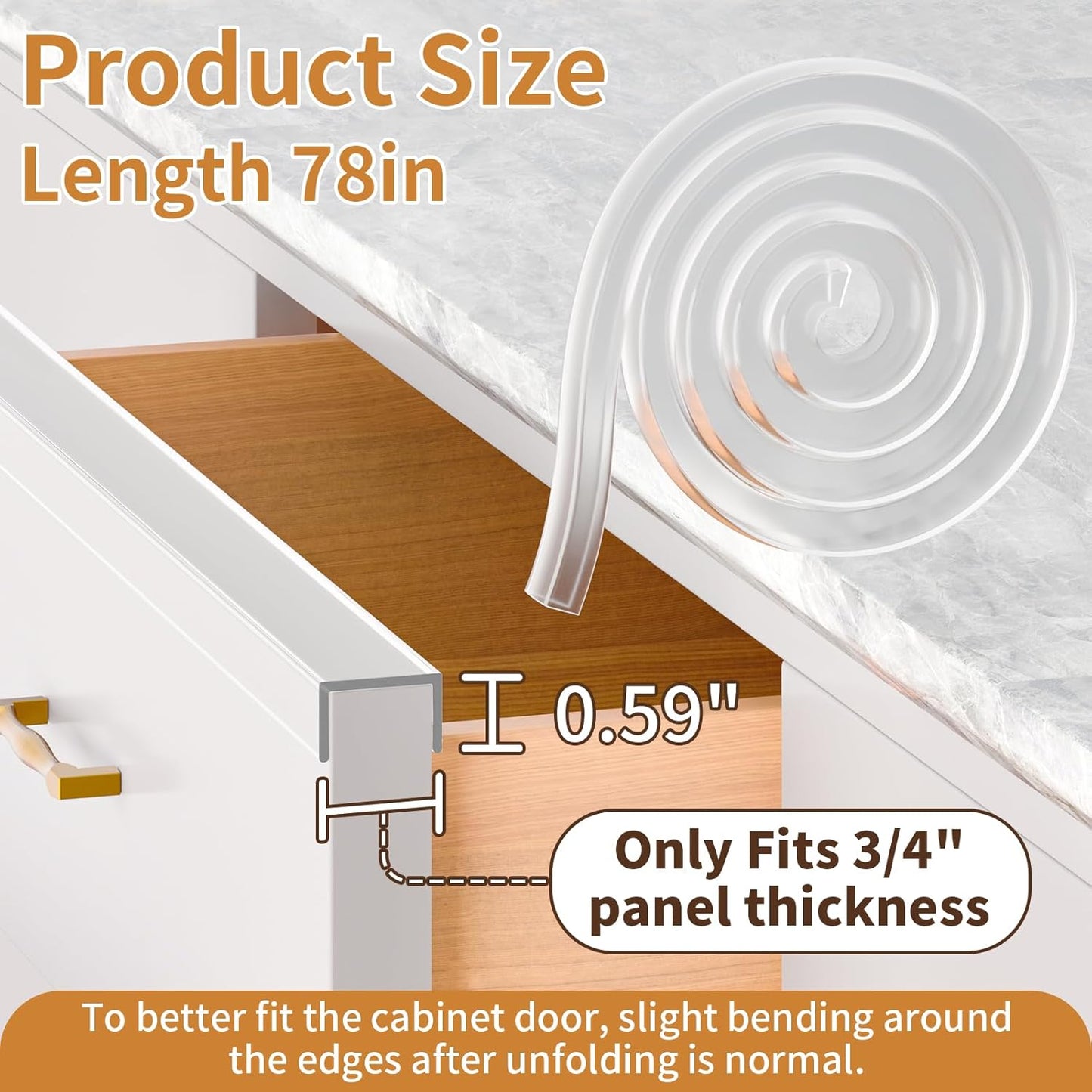 Cabinet Protectors for Kitchen Cabinets, Cabinet Door Edge Protector PVC Edge Guard Drawer Protector Prevent Wear, Chipping, Discoloration, Bumpers Clear, 3/4" Thick, 78'' Length