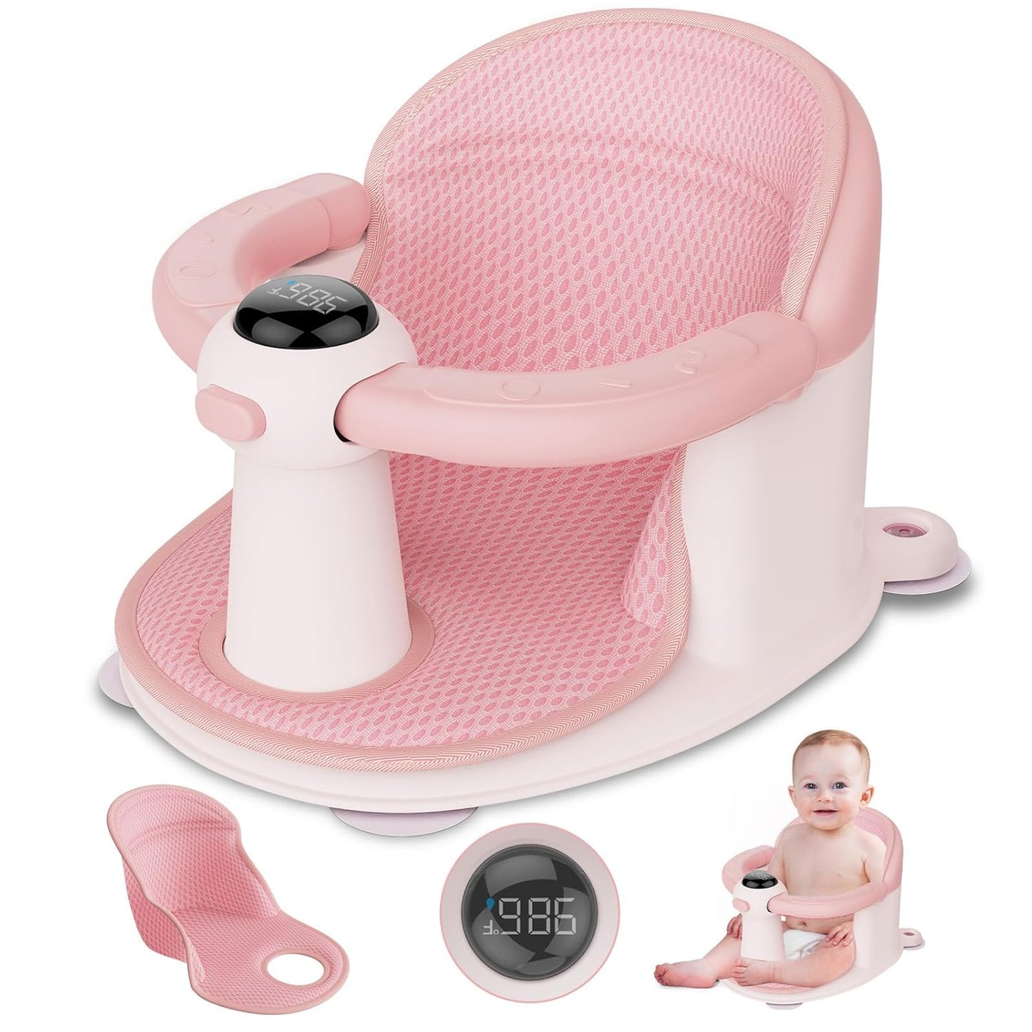 Baby Bath Seat-for Babies 6 Months & up, Water Temperature Display+Soft Cushion, Non-Slip Toddler Bath Seat for Baby, Sit Up Bath Seat for Baby, Pink