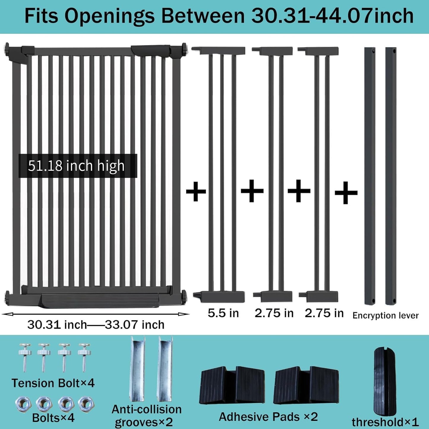 51 Inch Extra Tall Baby Gate Auto Close Cat Gate Adjustable 29.92"-43" Wide Pressure Mounted Pet Gate for Doorways,Stairs, House (Black, 51.18 inch)
