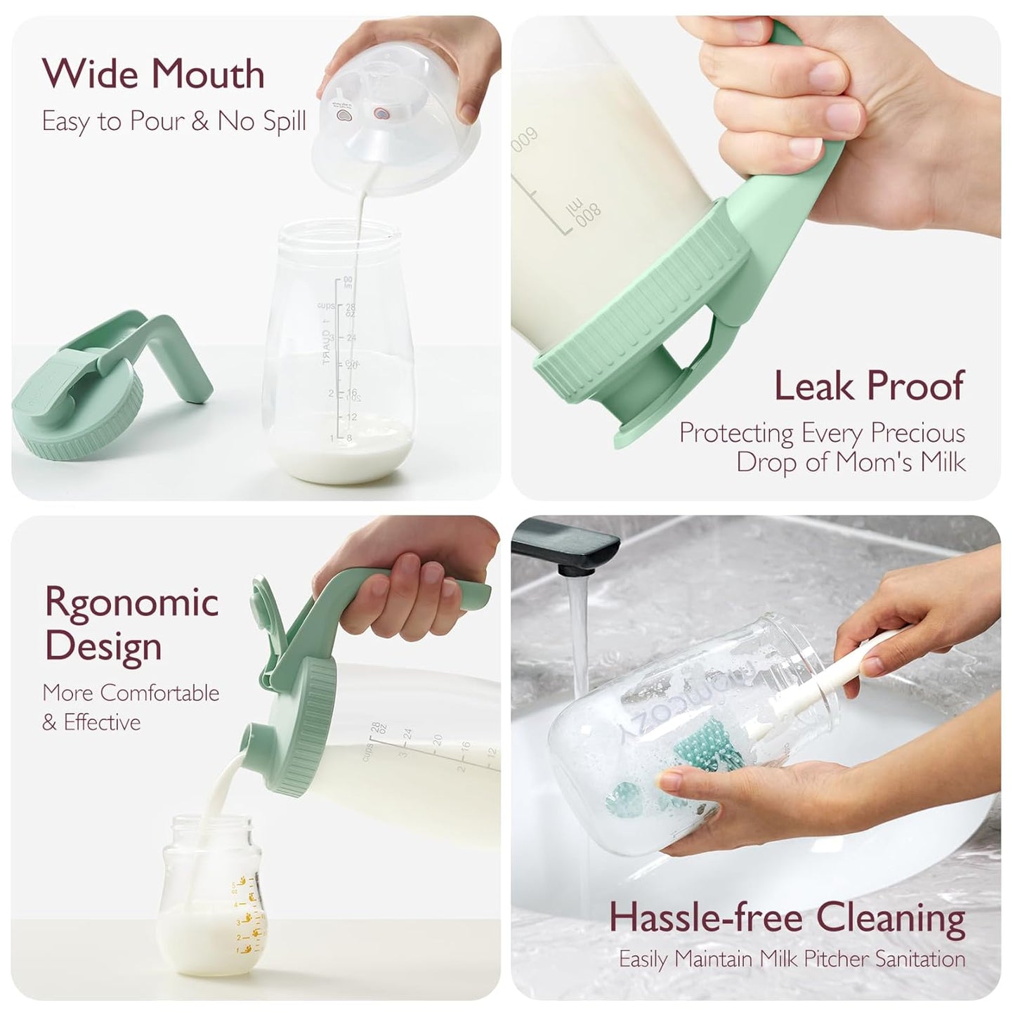 Momcozy Breast Milk Pitcher, Resistant to Heat and Cold Abrupt Temp Swings, No Leak Glass Breast Milk Fridge Storage Container with Wide Mouth, Fast Baby Formula Maker, Green