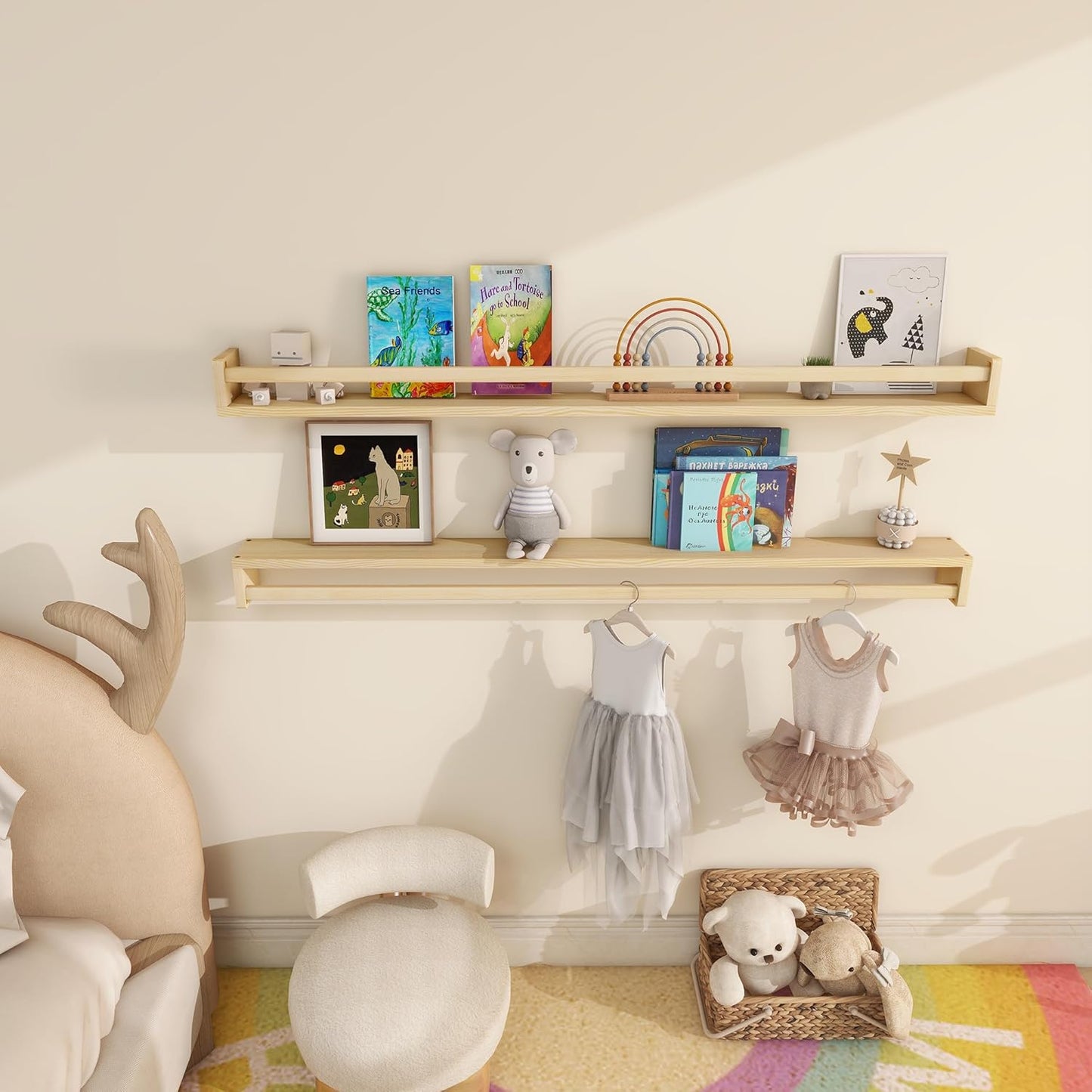 Fun Memories Nursery Book Shelves - Rustic Natural Solid Wood Floating Bookshelf for Kids - Wall Book Shelves for Kids Room (Natural, 48inch - 2P)