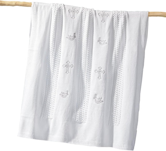 Booulfi Baby Blankets for Boys Girls Baby Receiving Blankets Silver Cross Dove of Peace Embroidery White Knitted Blanket Soft Crib Blanket Newborn Essentials Baptism Christening Gifts Size 39X34