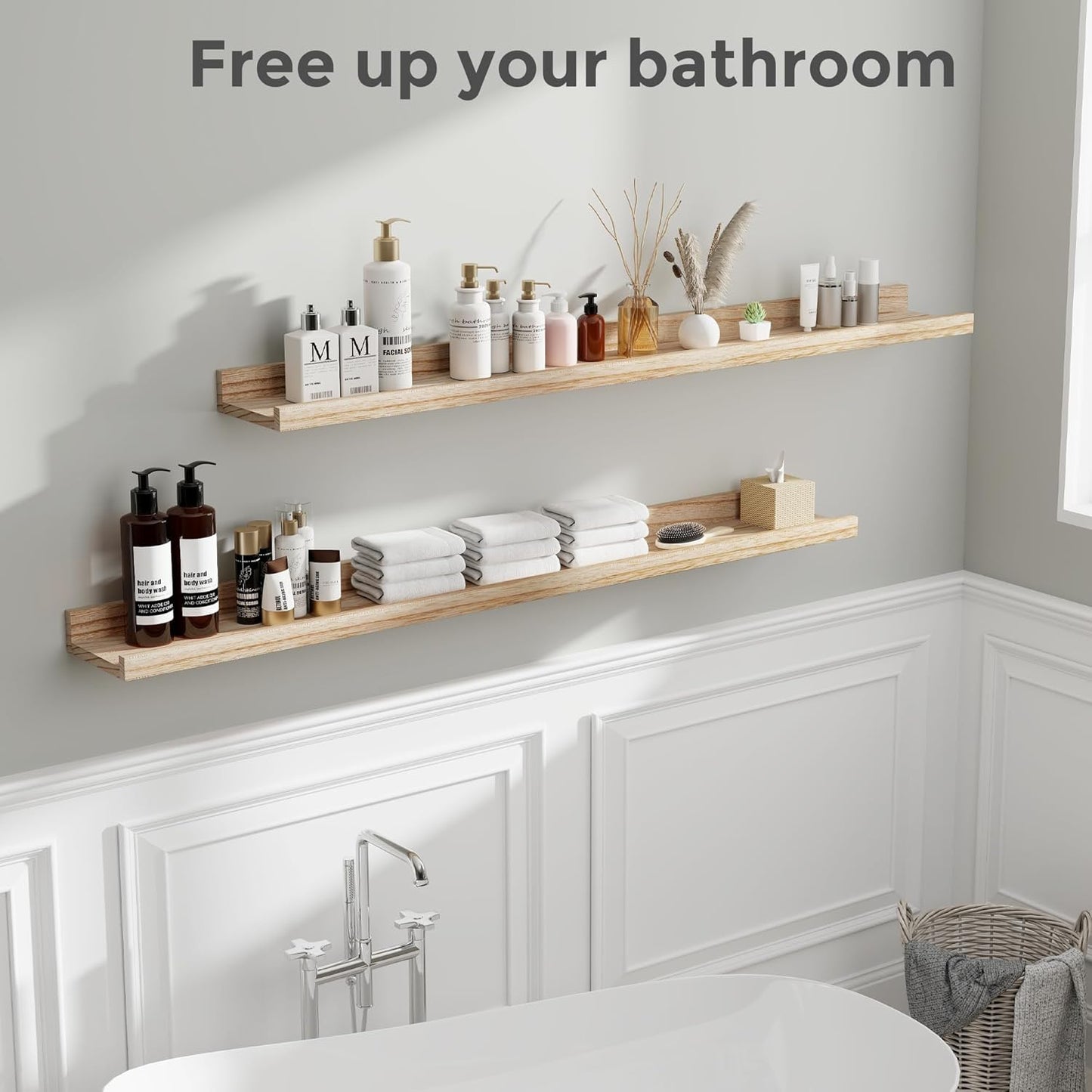 Fun Memories Floating Shelves 48 Inch Long, Rustic Wooden Picture Shelves with Ledge, Long Floating Shelf with Lip for Wall Set of 2, Photo Shelf Nursery Book Shelf for Kids Room, Living Room