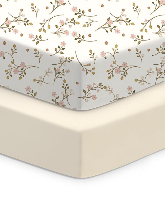 Baby Crib Sheets Boy Girl for Standard Crib Mattress - Pink Vintage Floral&Beige, Soft Jersey Knit, Breathable and Cozy, Fits 28''x52''x9'' Deep Pocket