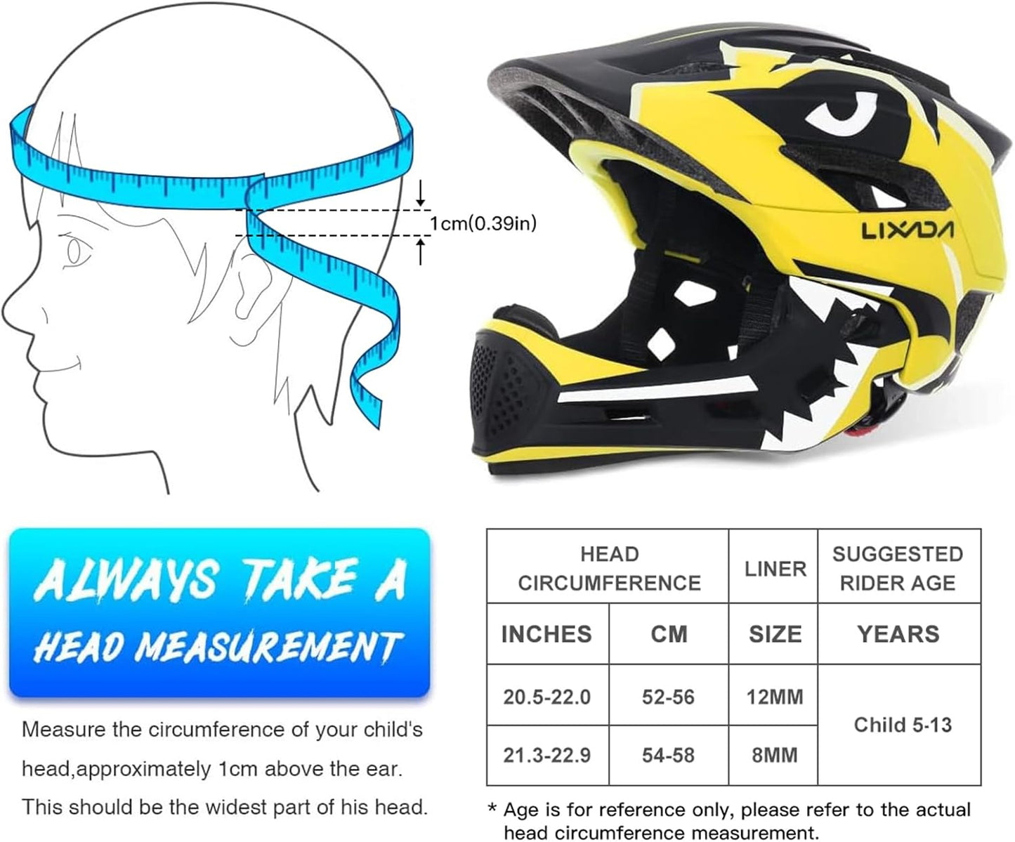 Lixada Kids Bike Helmet Adjustable Detachable Full Face Helmet for Cycling Helmet for Children Bicycle, Skateboard, Scooter, Protective Gear (20.5-22 Inches)